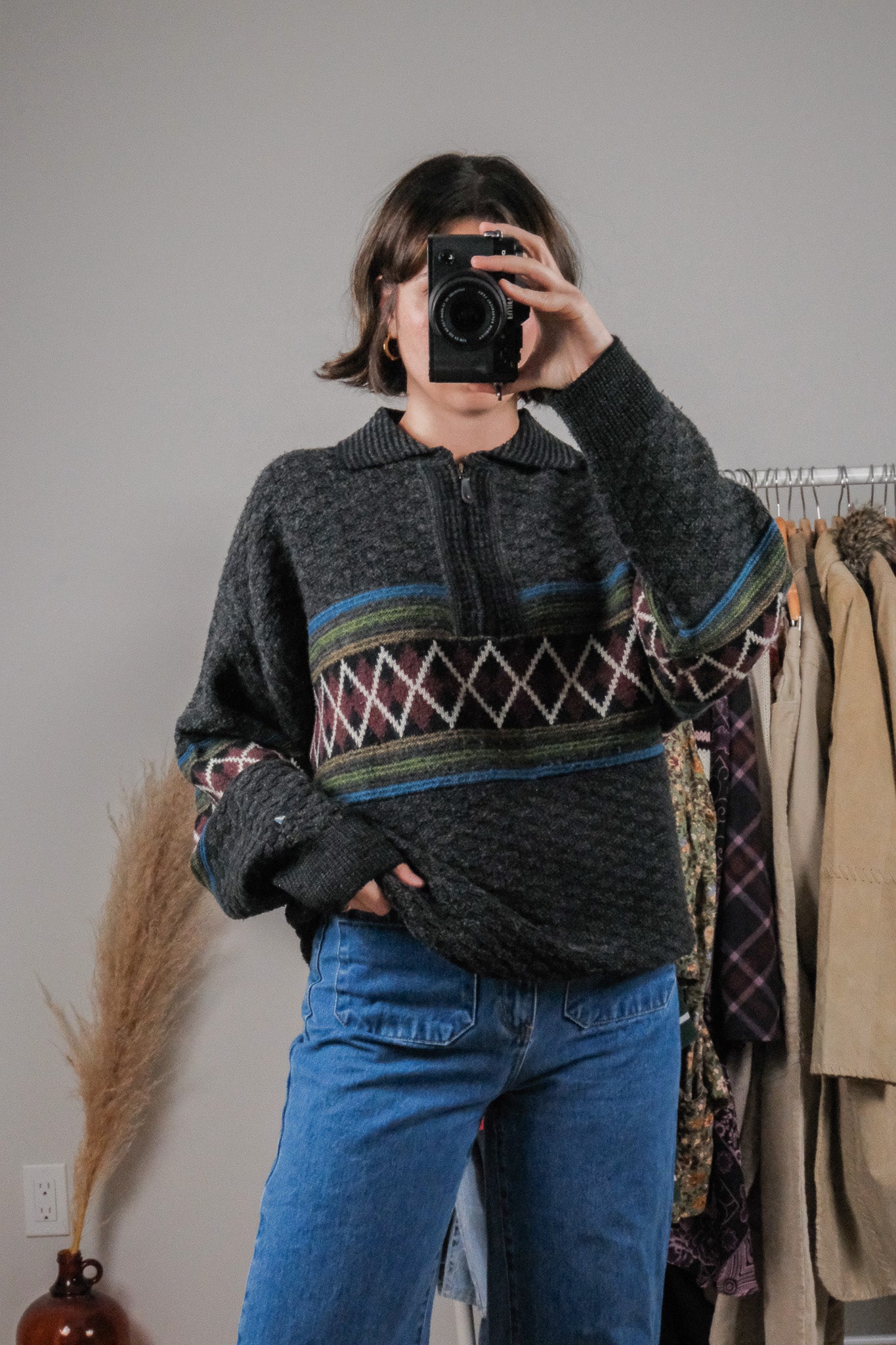 Made in Korea x Vintage x Wool Blend Quater Zip Patterned Knit (L/XL)