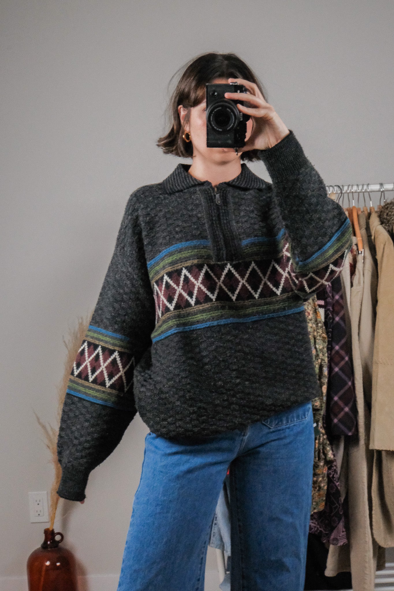 Made in Korea x Vintage x Wool Blend Quater Zip Patterned Knit (L/XL)