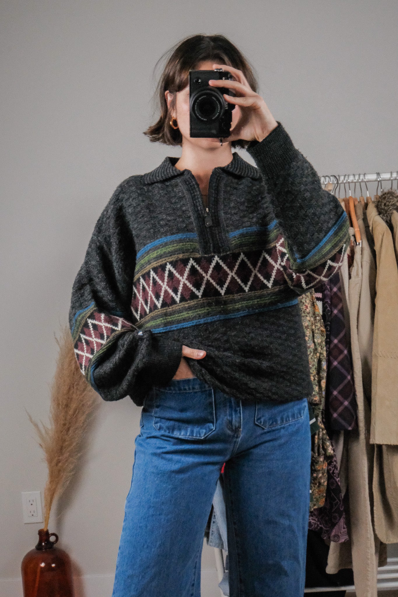 Made in Korea x Vintage x Wool Blend Quater Zip Patterned Knit (L/XL)