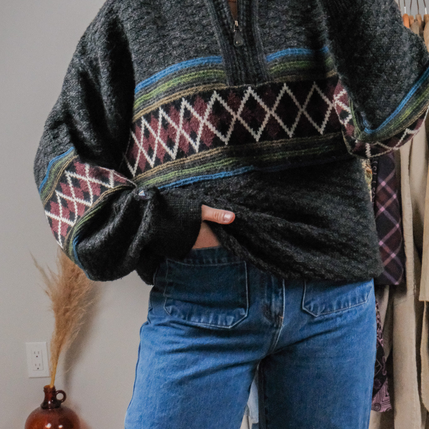 Made in Korea x Vintage x Wool Blend Quater Zip Patterned Knit (L/XL)