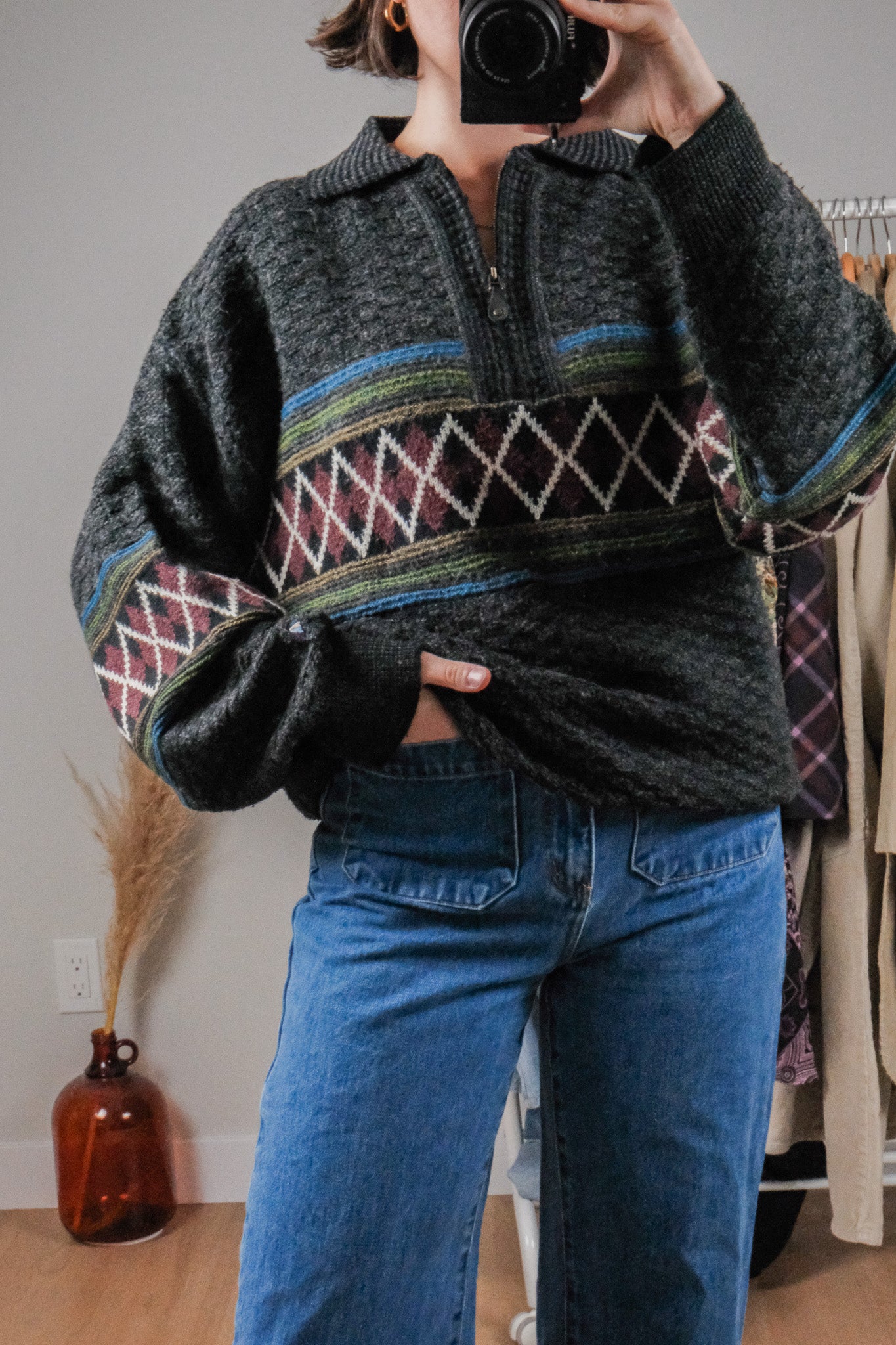 Made in Korea x Vintage x Wool Blend Quater Zip Patterned Knit (L/XL)