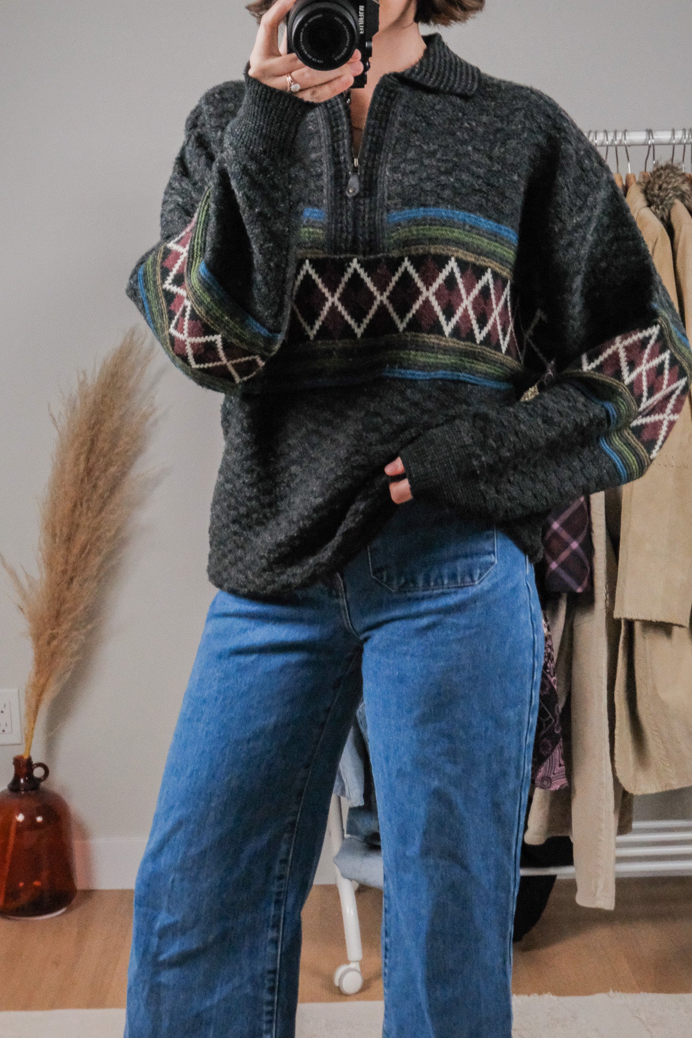 Made in Korea x Vintage x Wool Blend Quater Zip Patterned Knit (L/XL)