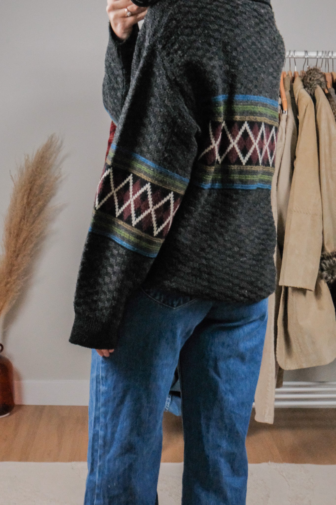 Made in Korea x Vintage x Wool Blend Quater Zip Patterned Knit (L/XL)