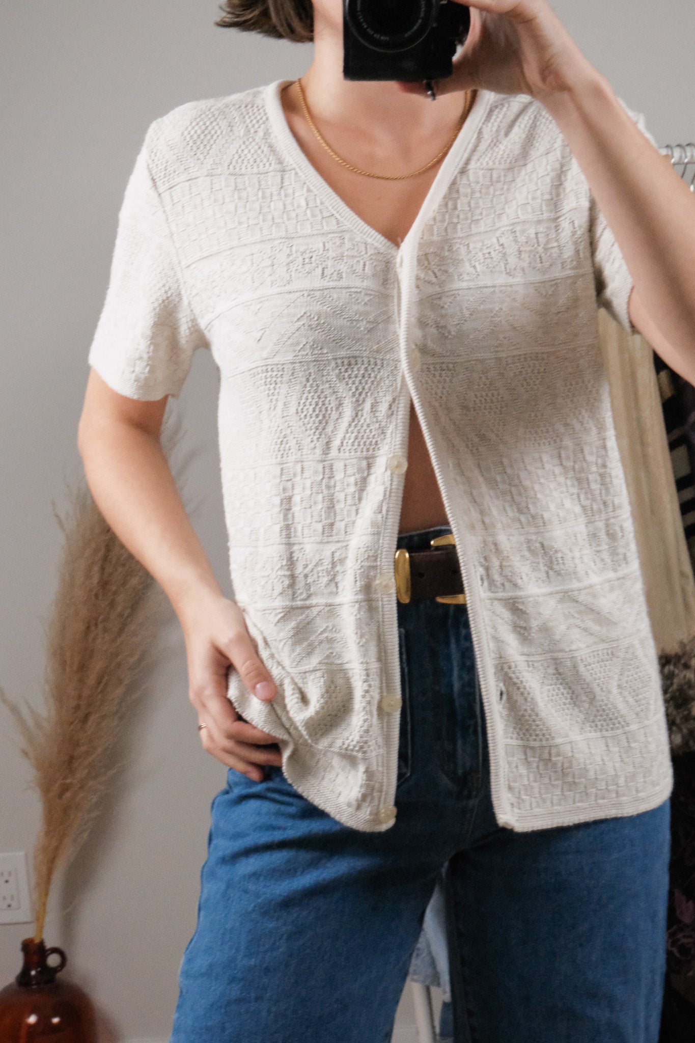 Vintage x Textured/Patterned Short-Sleeve Knit (M)