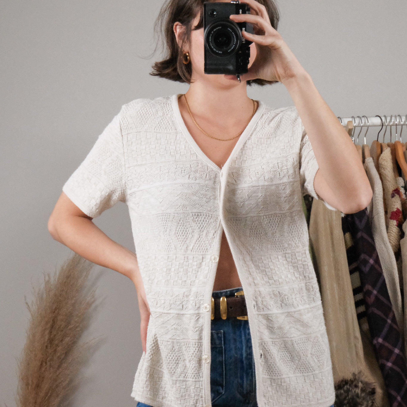 Vintage x Textured/Patterned Short-Sleeve Knit (M)