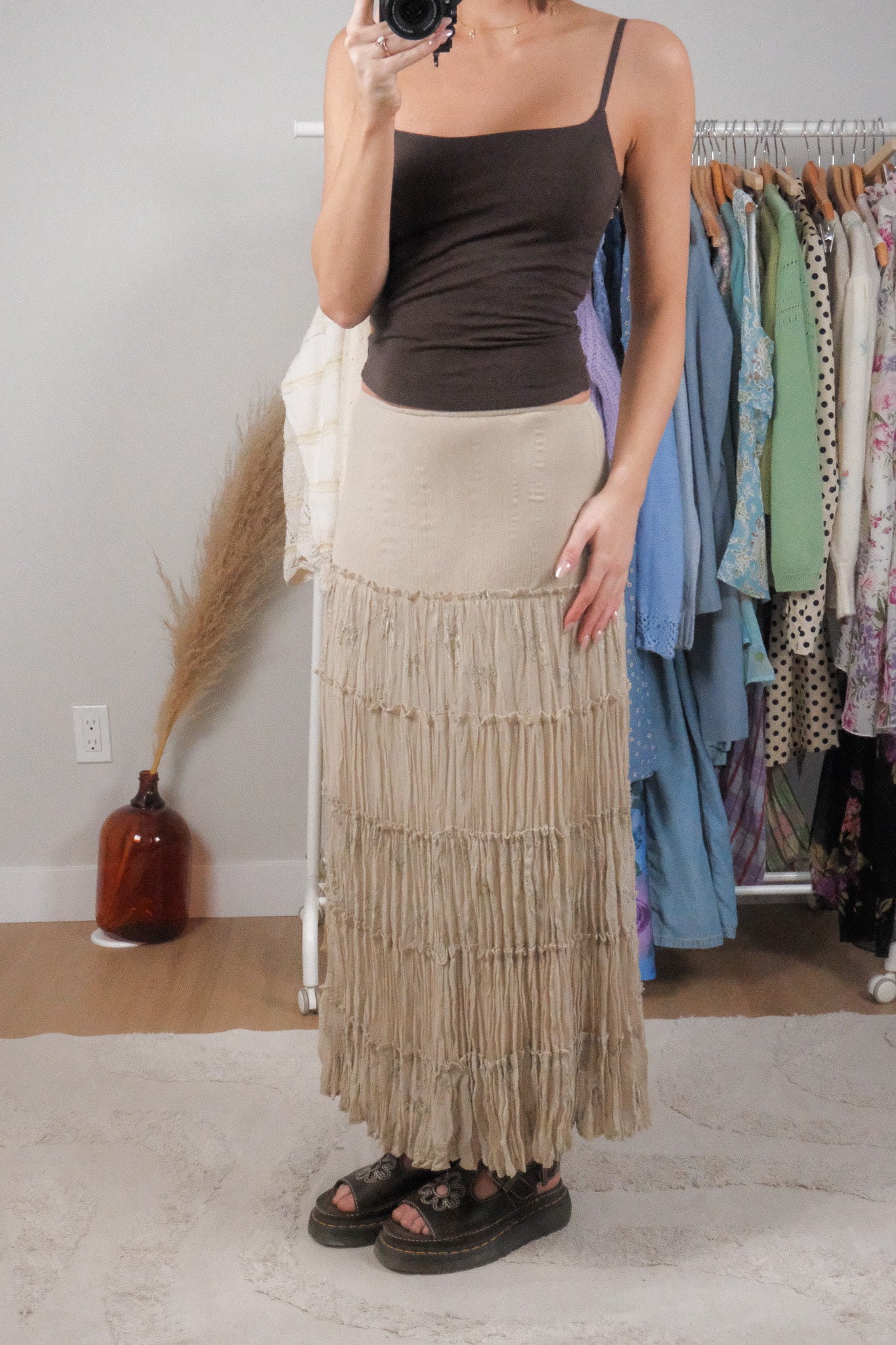 Vintage x Embroidered Tiered Crinkle Effect Maxi Skirt (4/6)