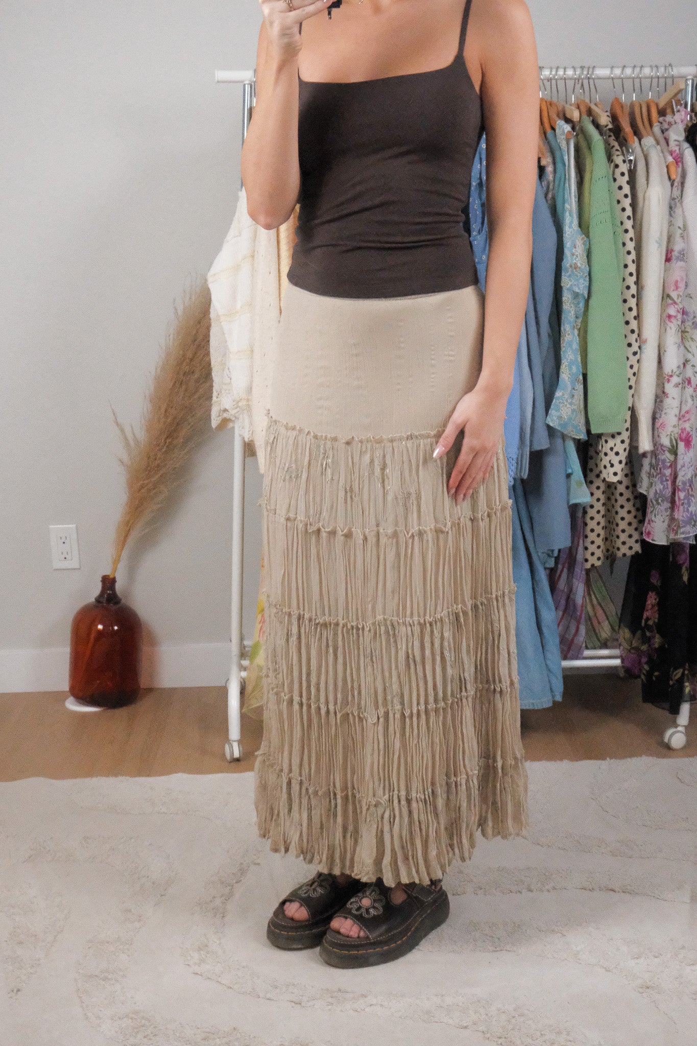 Vintage x Embroidered Tiered Crinkle Effect Maxi Skirt (4/6)