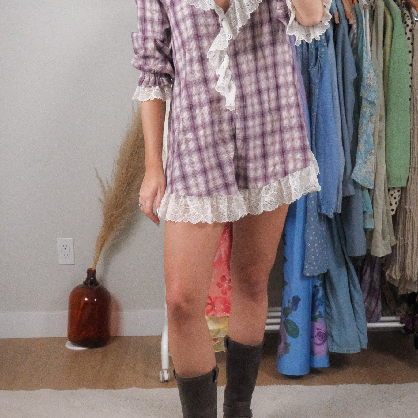 Anthropologie x Cotton Plaid/Lace Romper (XS/S)