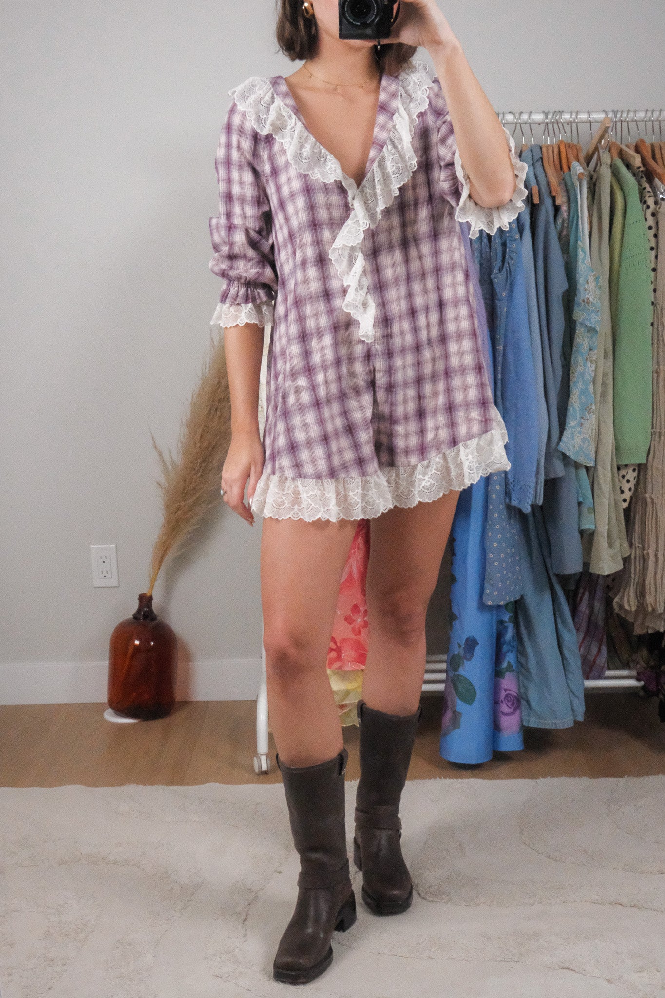 Anthropologie x Cotton Plaid/Lace Romper (XS/S)