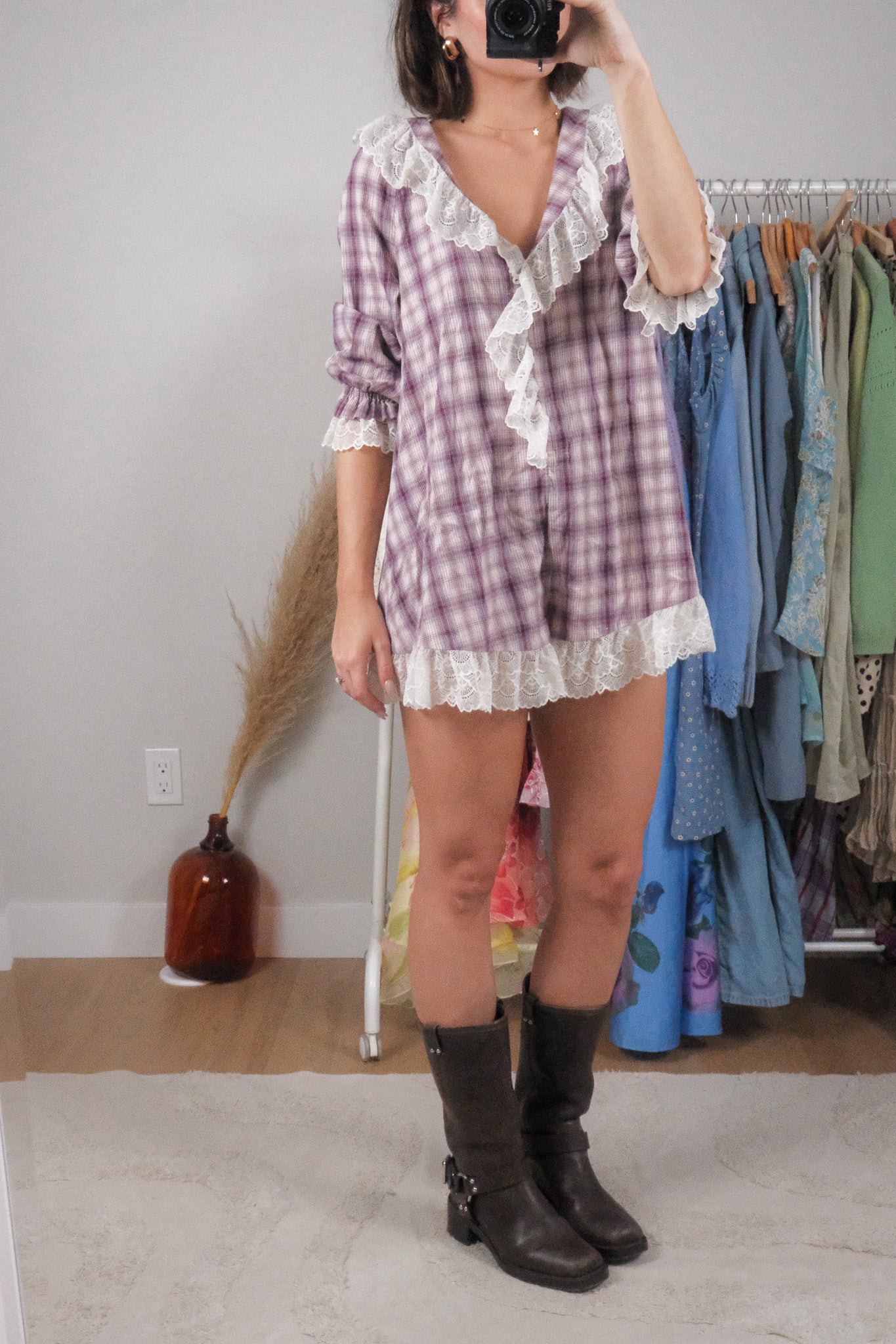 Anthropologie x Cotton Plaid/Lace Romper (XS/S)