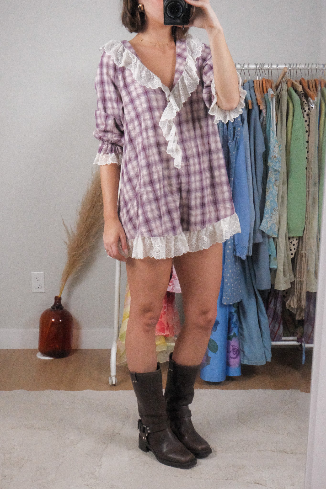 Anthropologie x Cotton Plaid/Lace Romper (XS/S)