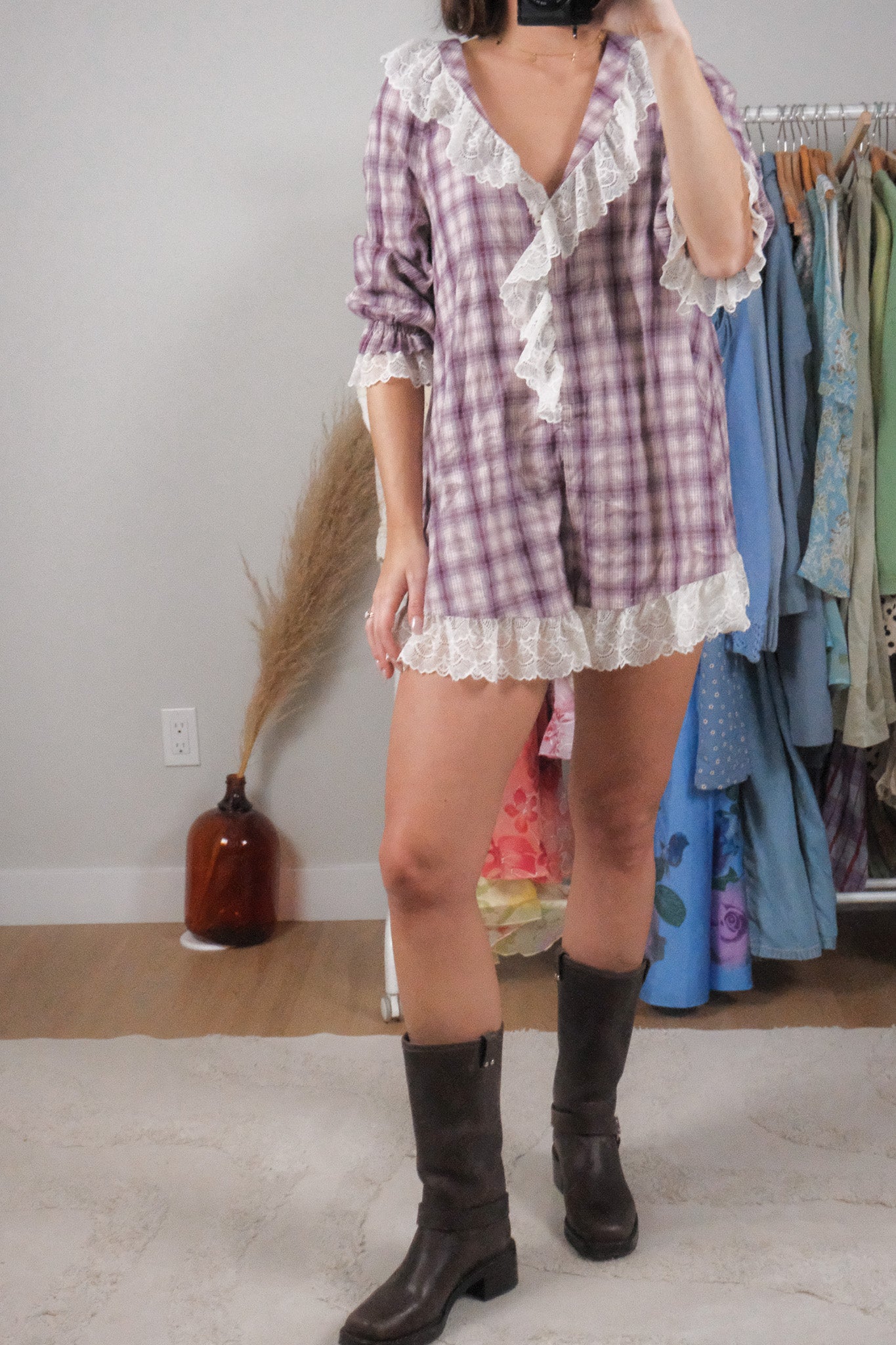 Anthropologie x Cotton Plaid/Lace Romper (XS/S)