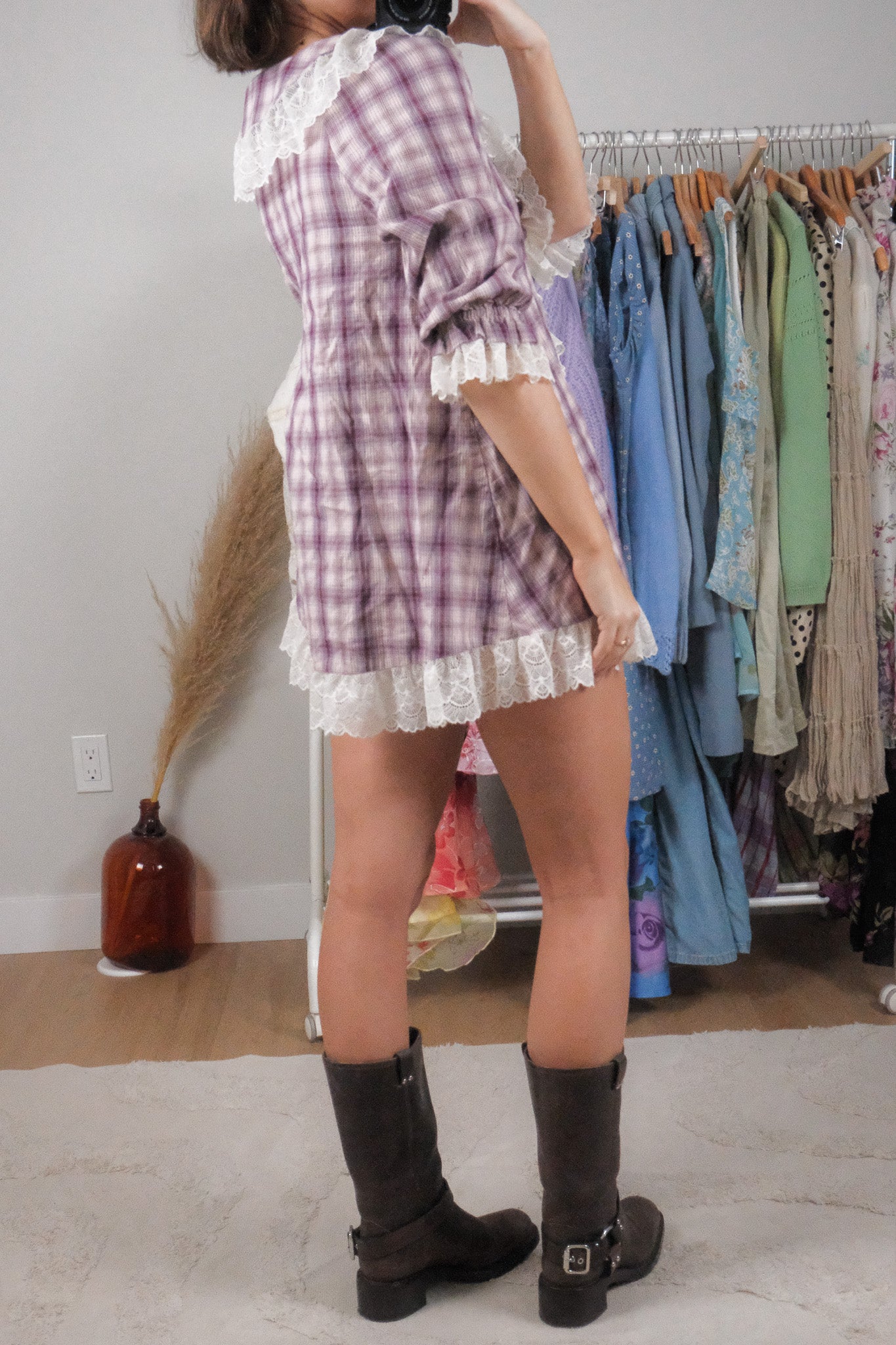 Anthropologie x Cotton Plaid/Lace Romper (XS/S)