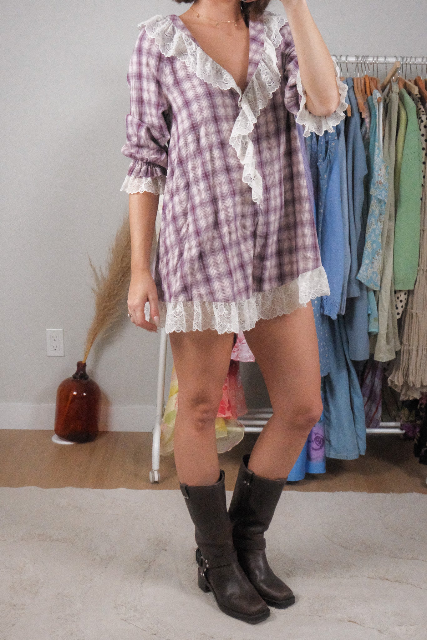 Anthropologie x Cotton Plaid/Lace Romper (XS/S)