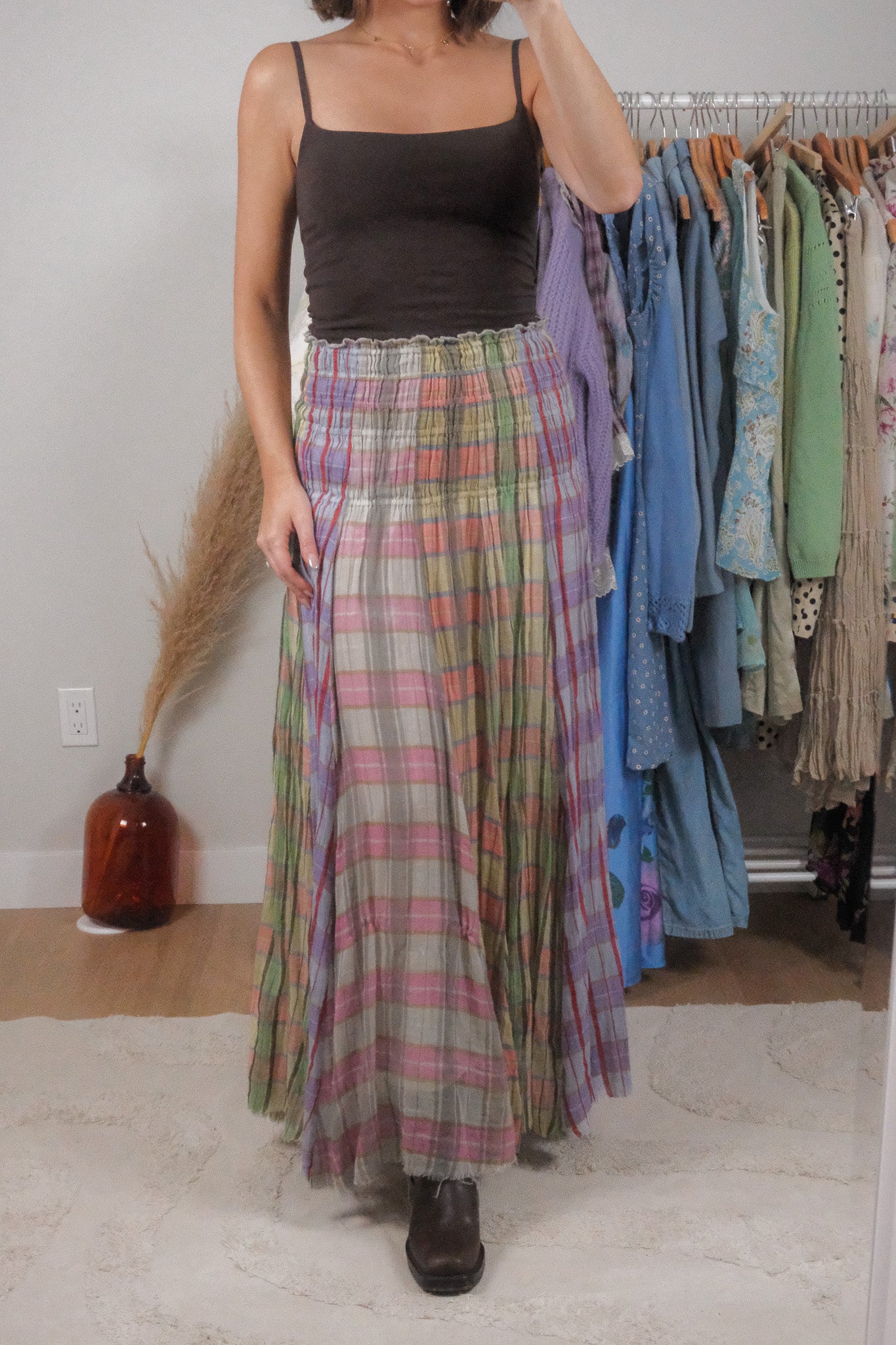 Free People x Cotton Plaid Multicolour Maxi Skirt (XS/S)