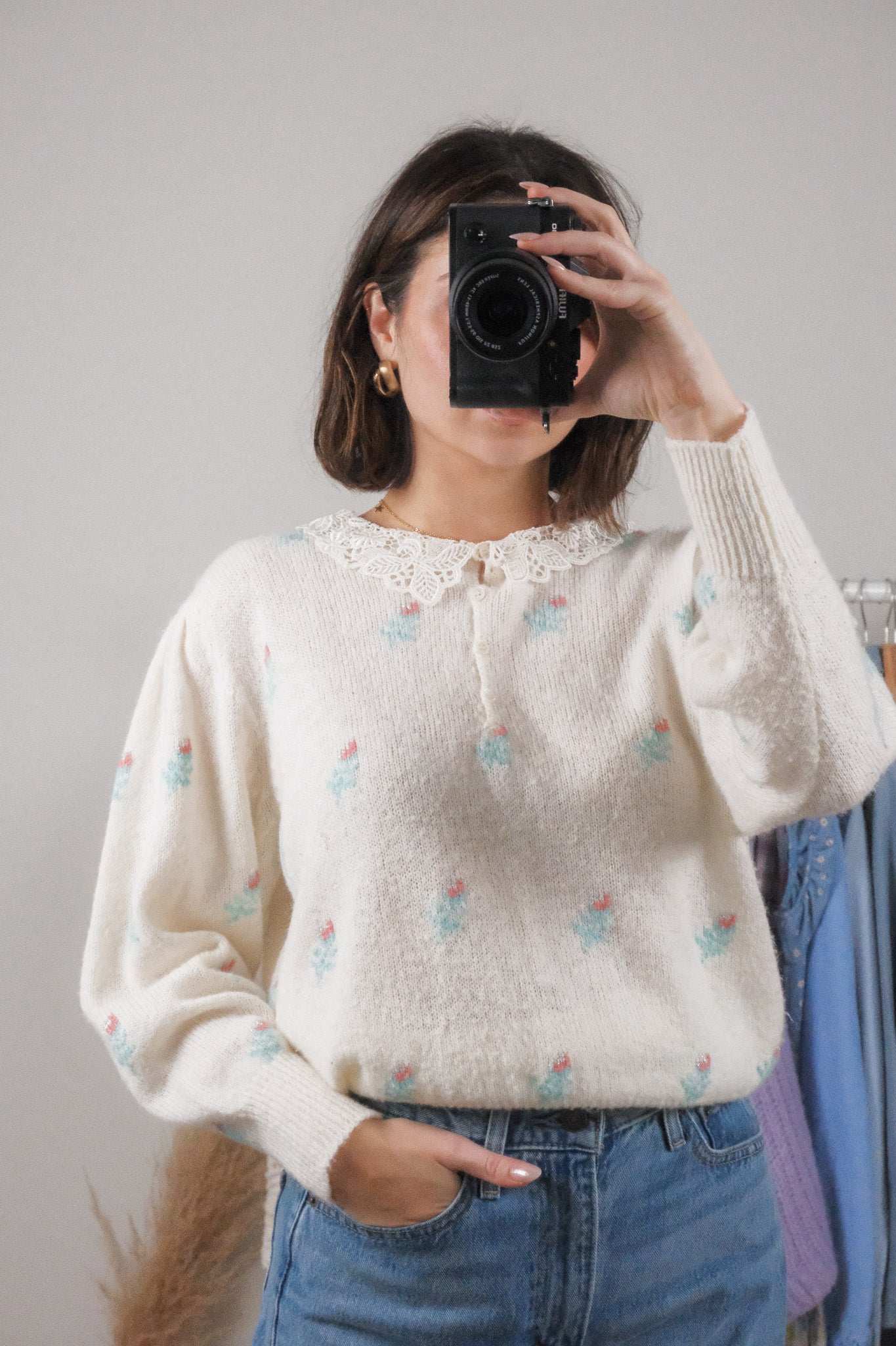 Vintage x Wool Blend Floral Collard Knit Top (M)