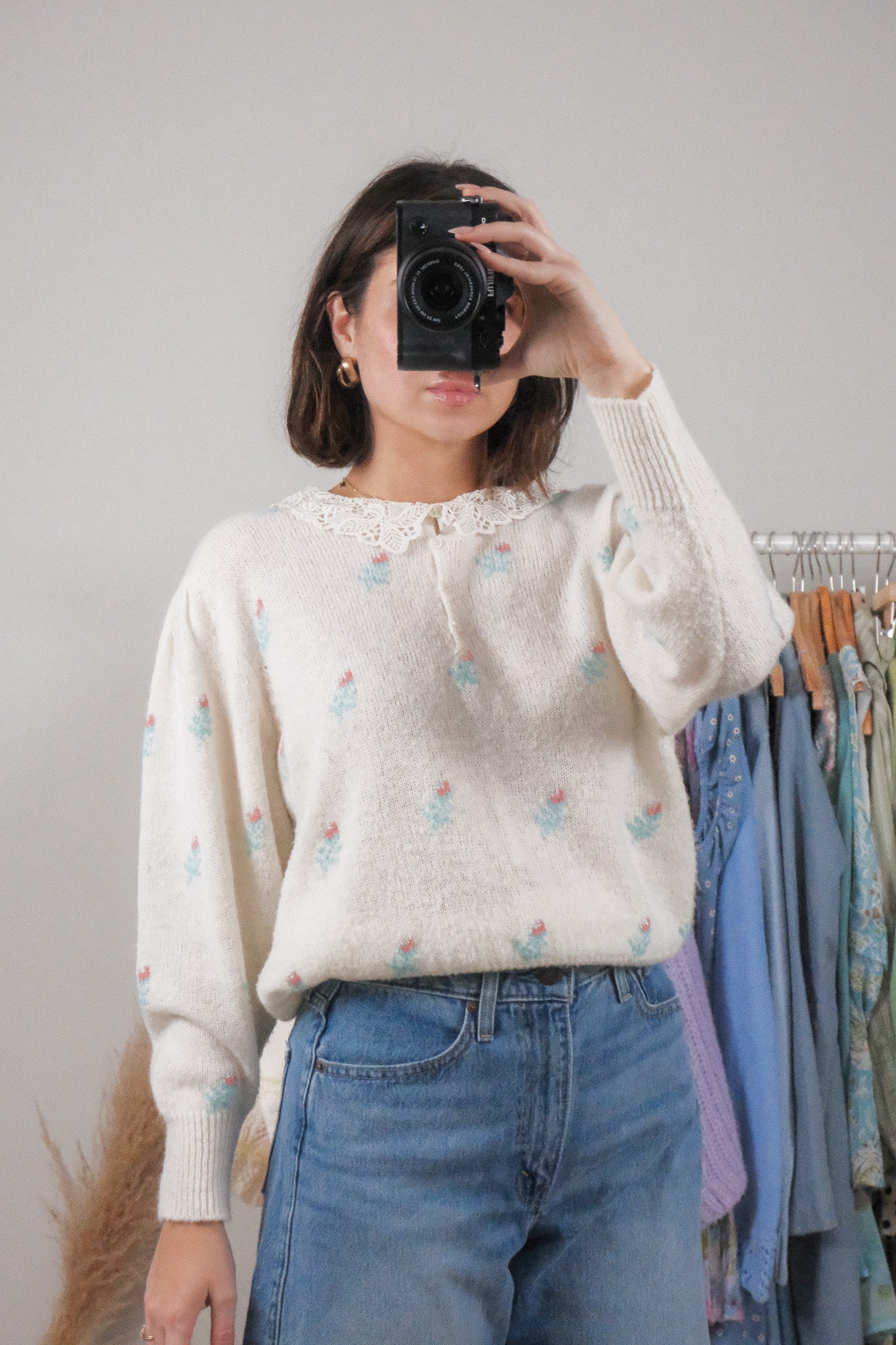 Vintage x Wool Blend Floral Collard Knit Top (M)