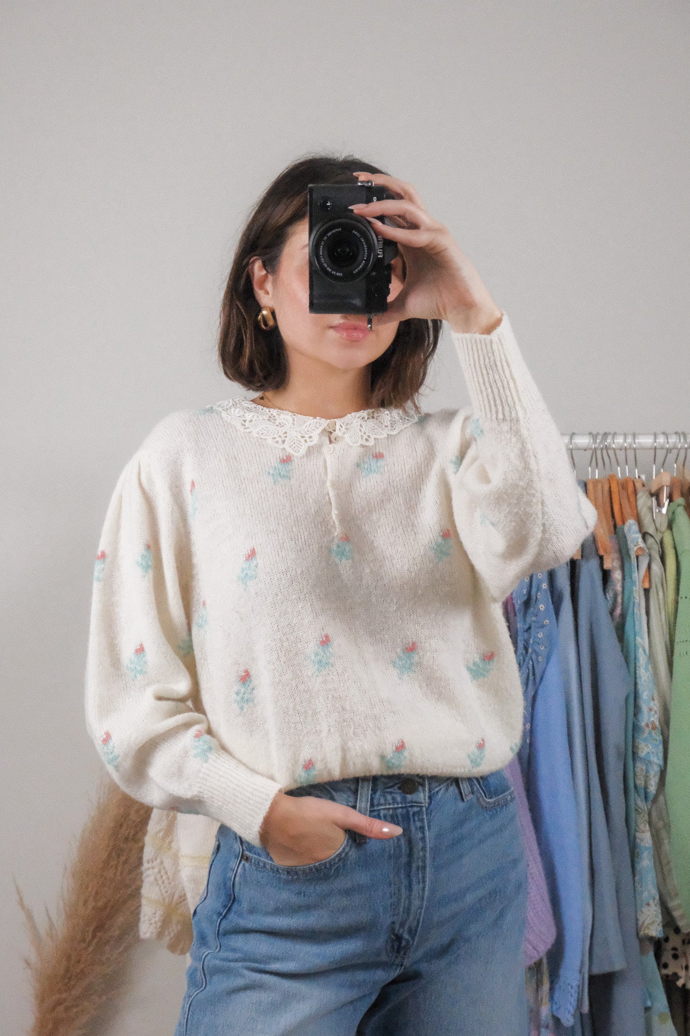 Vintage x Wool Blend Floral Collard Knit Top (M)