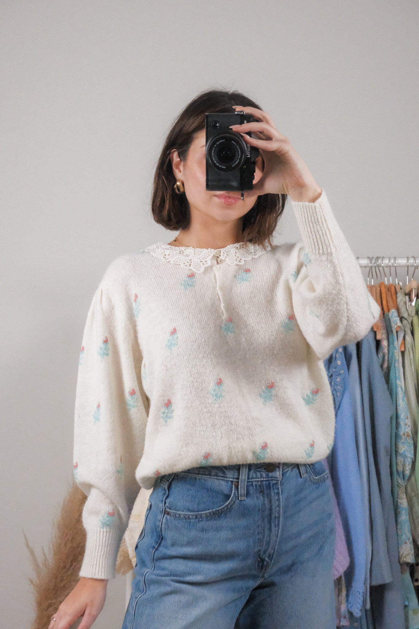 Vintage x Wool Blend Floral Collard Knit Top (M)