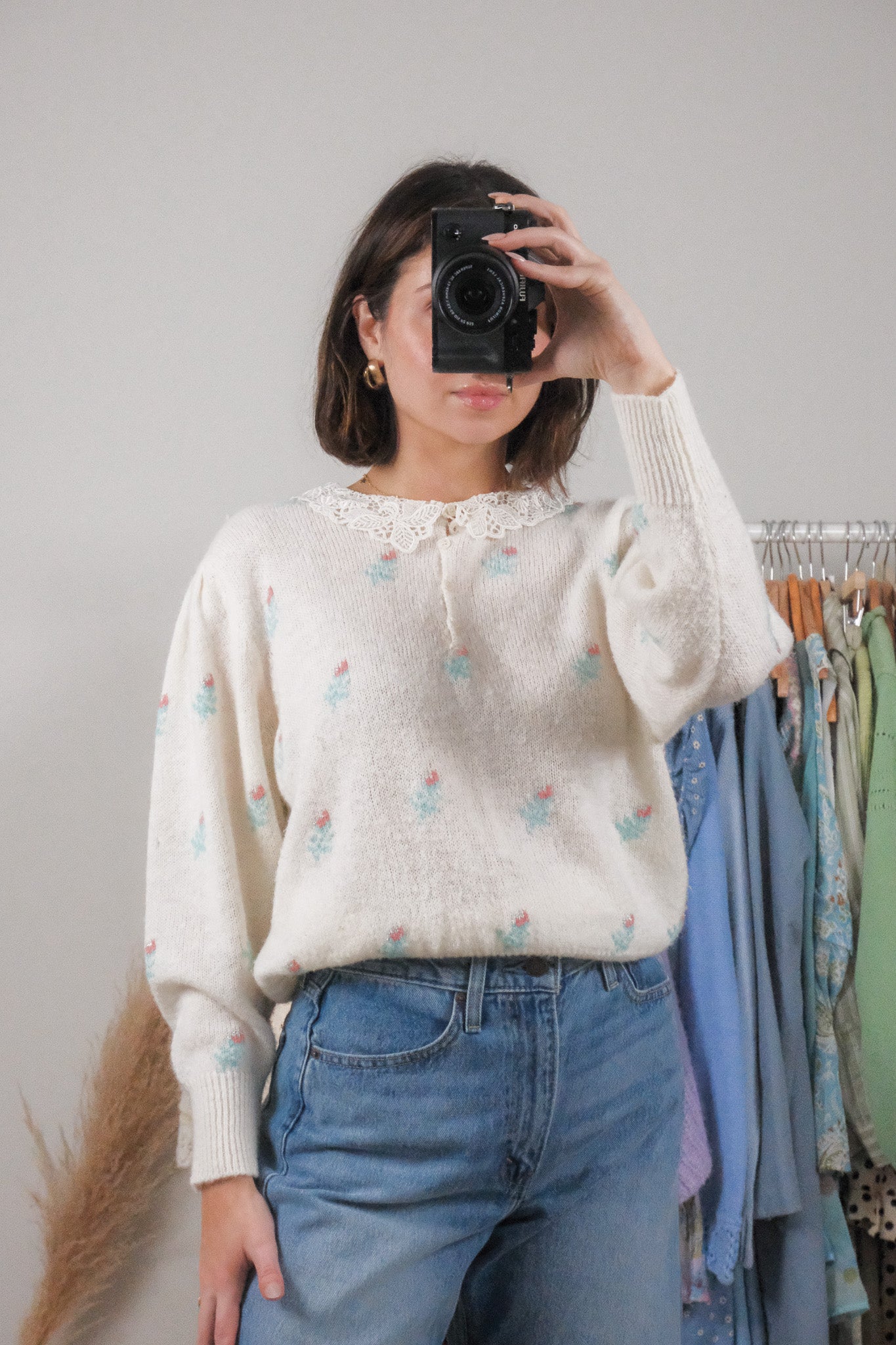 Vintage x Wool Blend Floral Collard Knit Top (M)