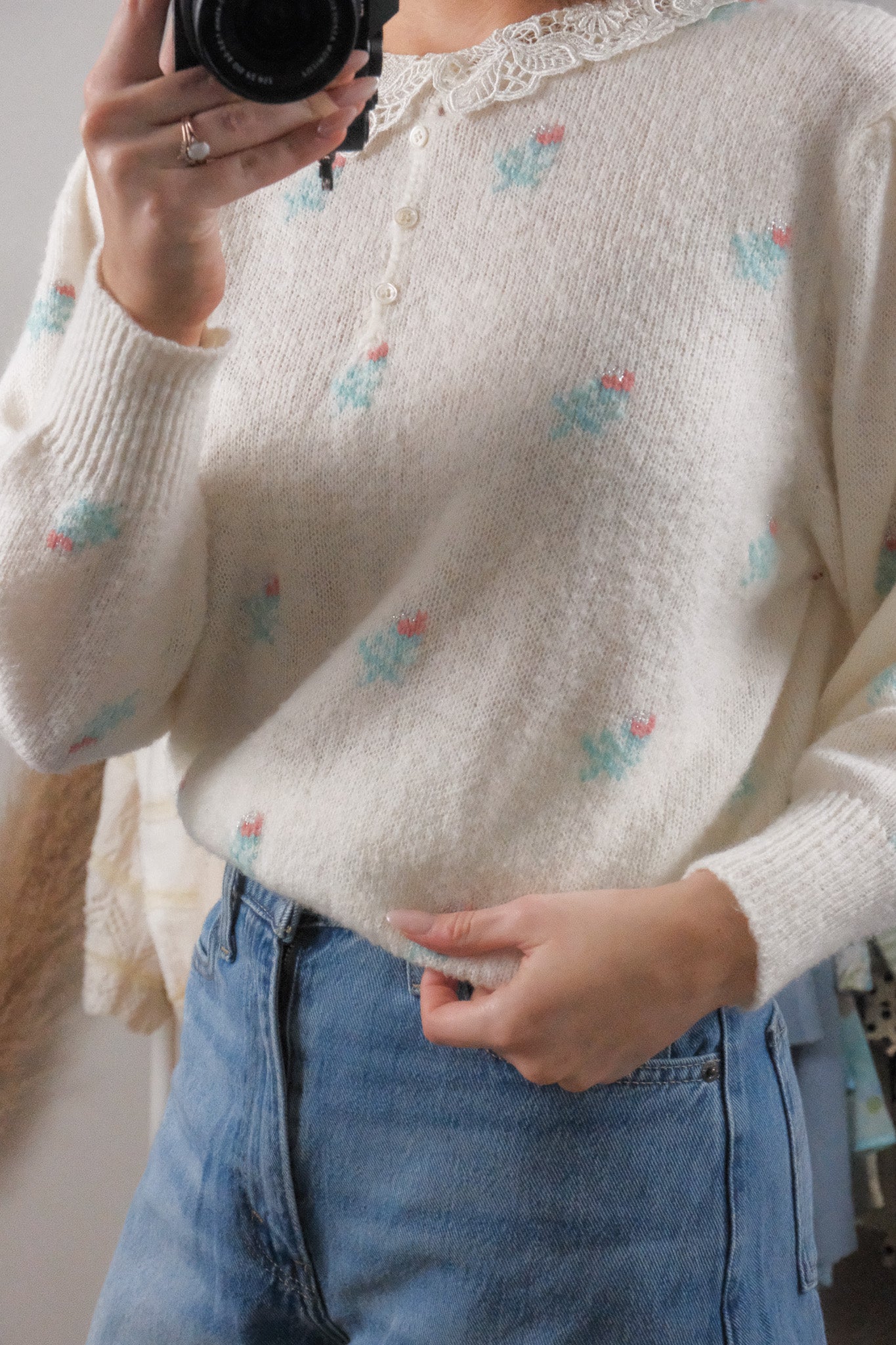 Vintage x Wool Blend Floral Collard Knit Top (M)