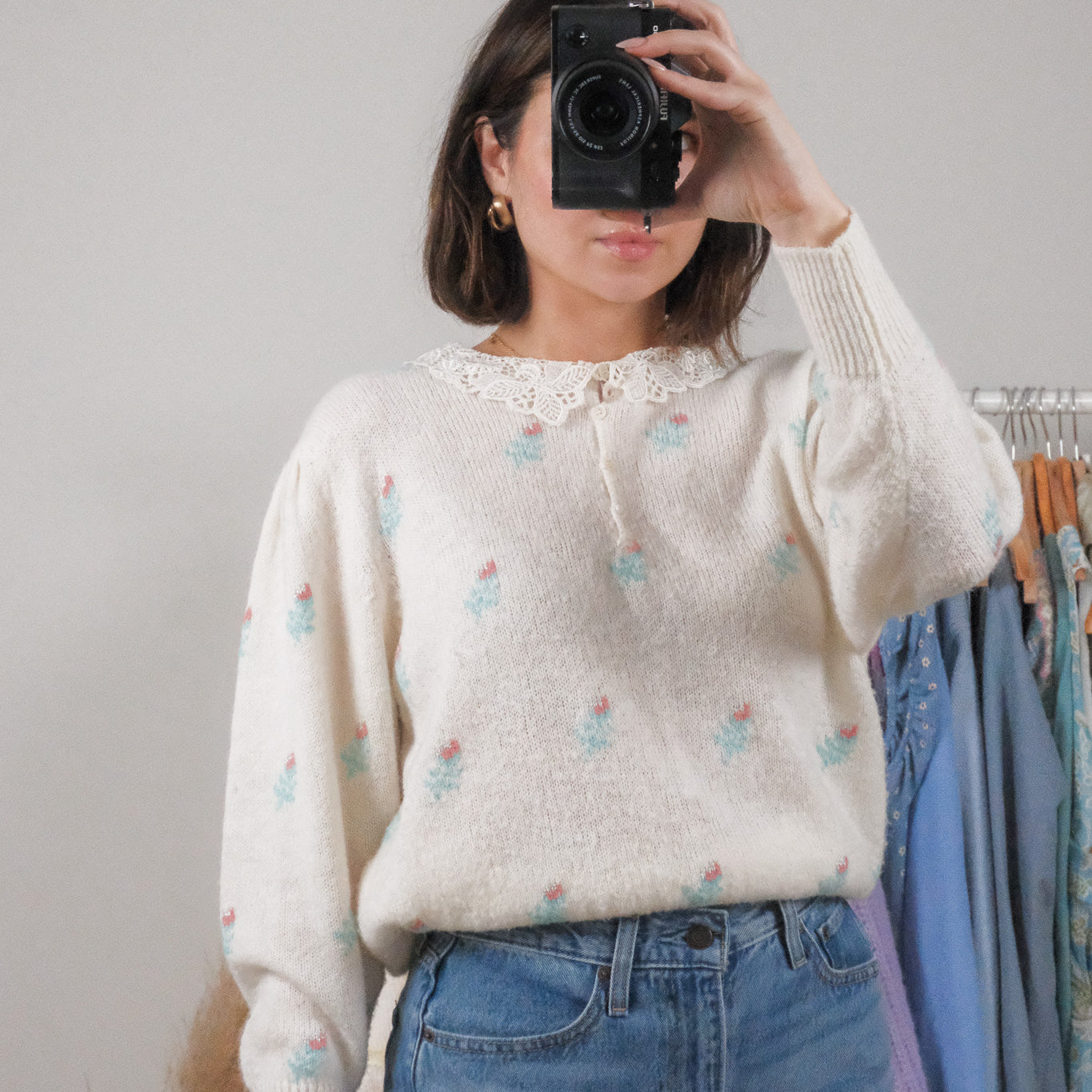Vintage x Wool Blend Floral Collard Knit Top (M)