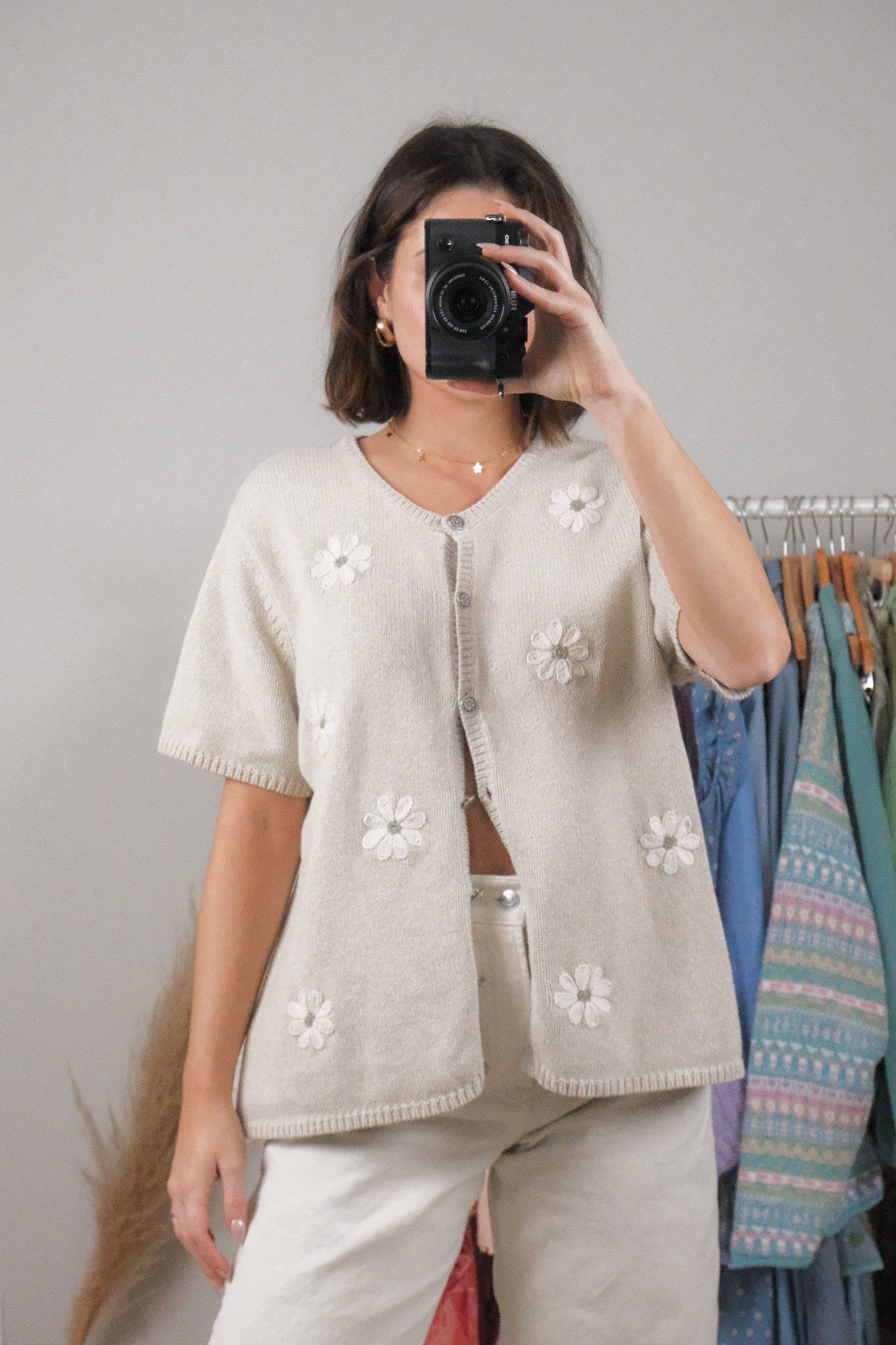 Vintage x Cotton Embroidered Flower Short-Sleeve Knit (L/XL)