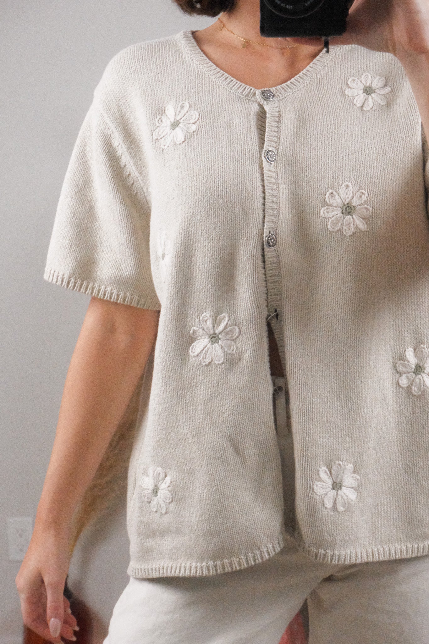 Vintage x Cotton Embroidered Flower Short-Sleeve Knit (L/XL)