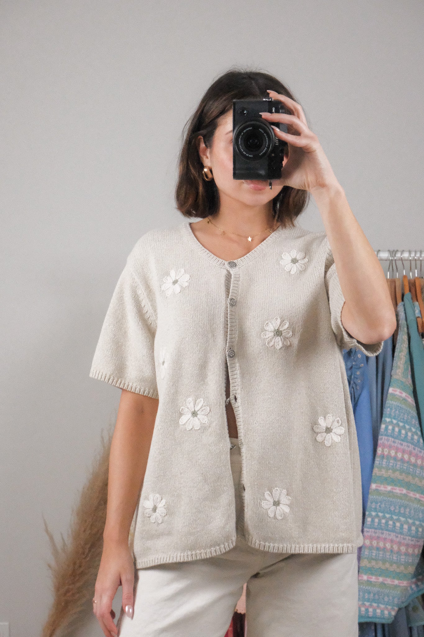 Vintage x Cotton Embroidered Flower Short-Sleeve Knit (L/XL)