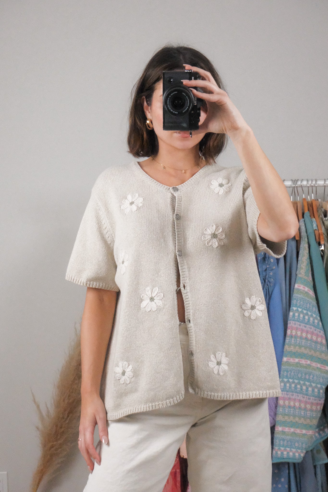Vintage x Cotton Embroidered Flower Short-Sleeve Knit (L/XL)