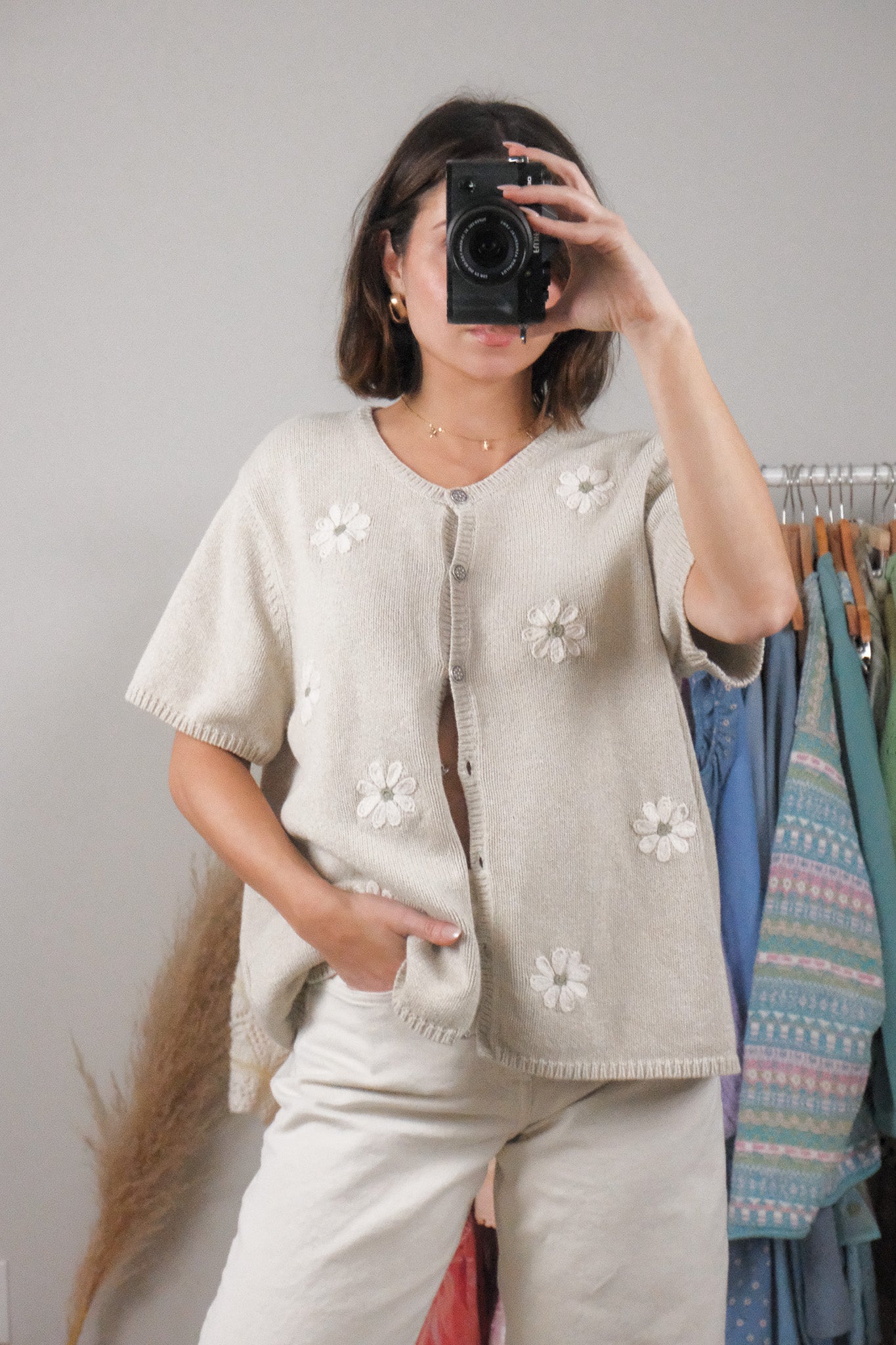 Vintage x Cotton Embroidered Flower Short-Sleeve Knit (L/XL)