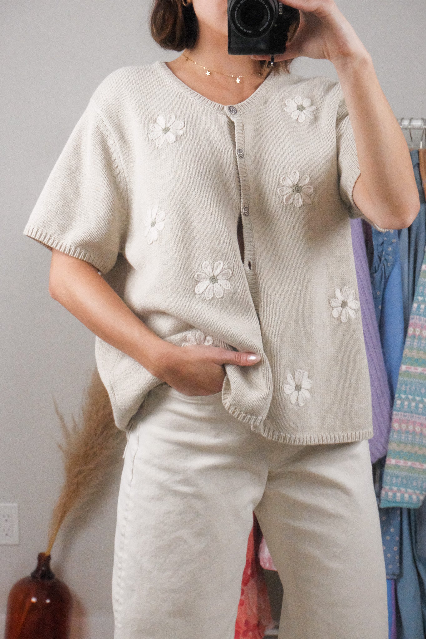 Vintage x Cotton Embroidered Flower Short-Sleeve Knit (L/XL)