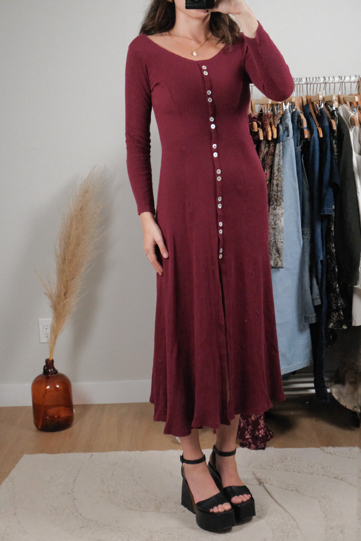 Made in USA x Vintage x Cotton Long-Sleeve Maxi Dress (XS/S)