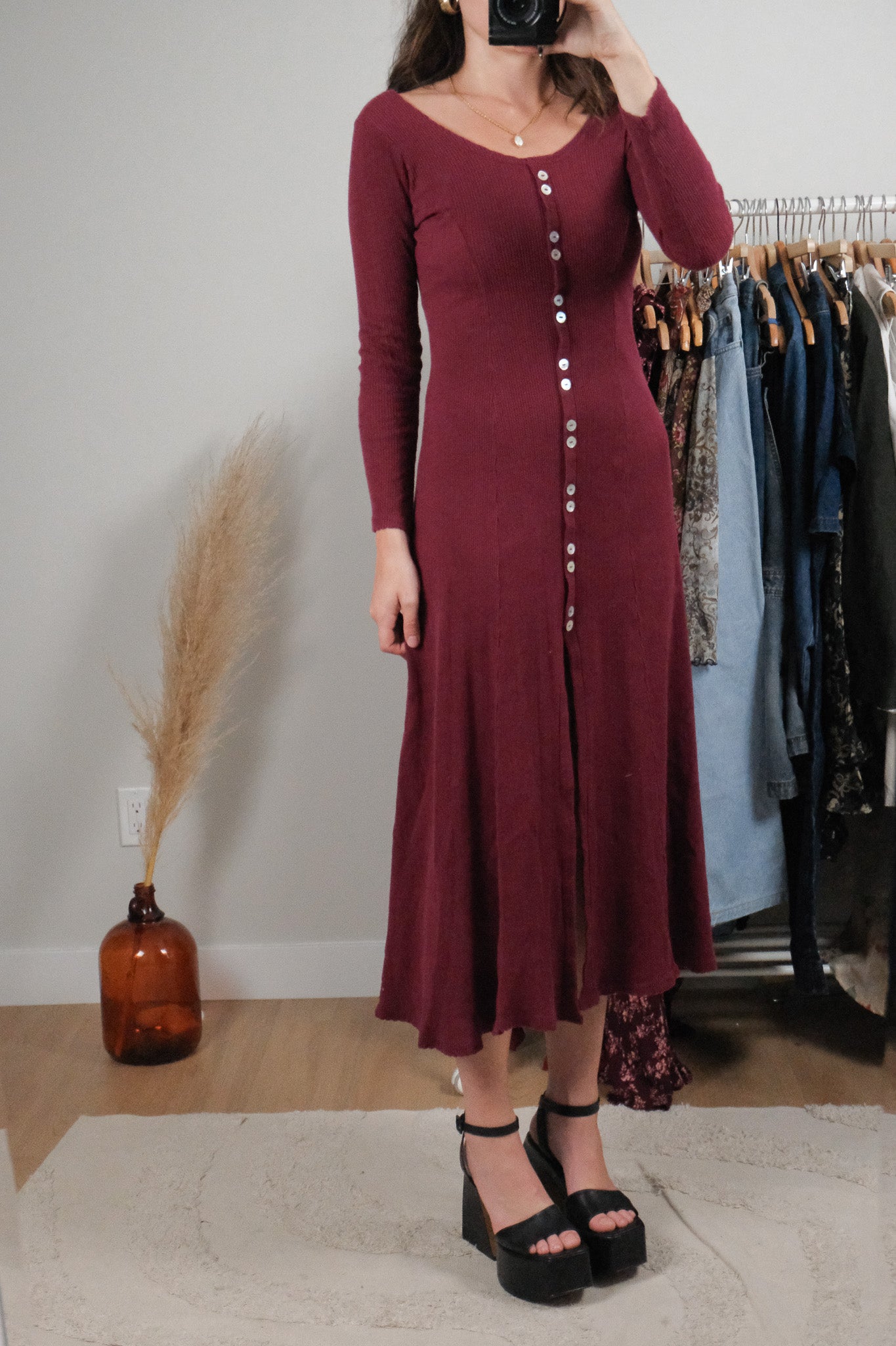 Made in USA x Vintage x Cotton Long-Sleeve Maxi Dress (XS/S)