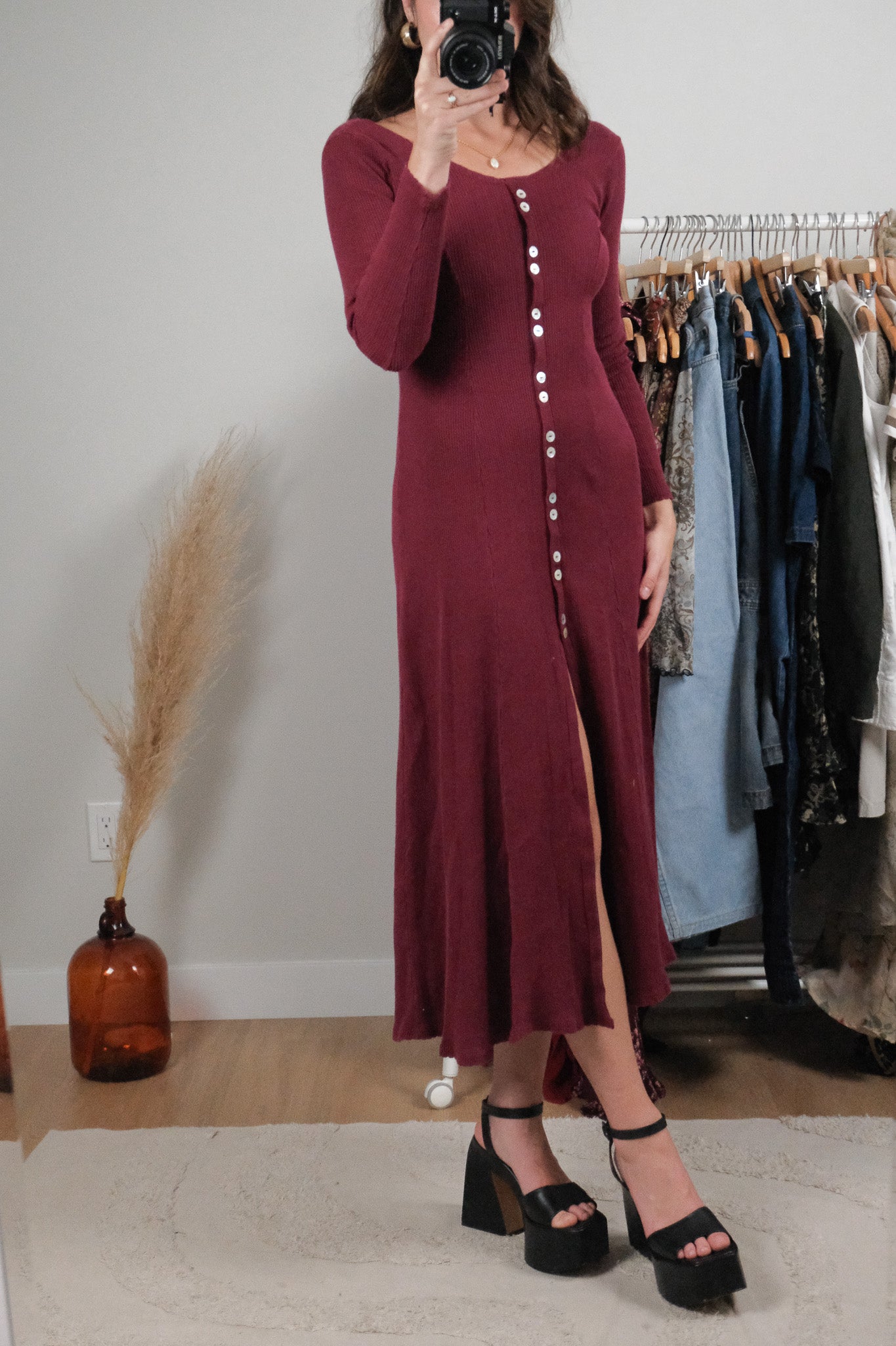 Made in USA x Vintage x Cotton Long-Sleeve Maxi Dress (XS/S)