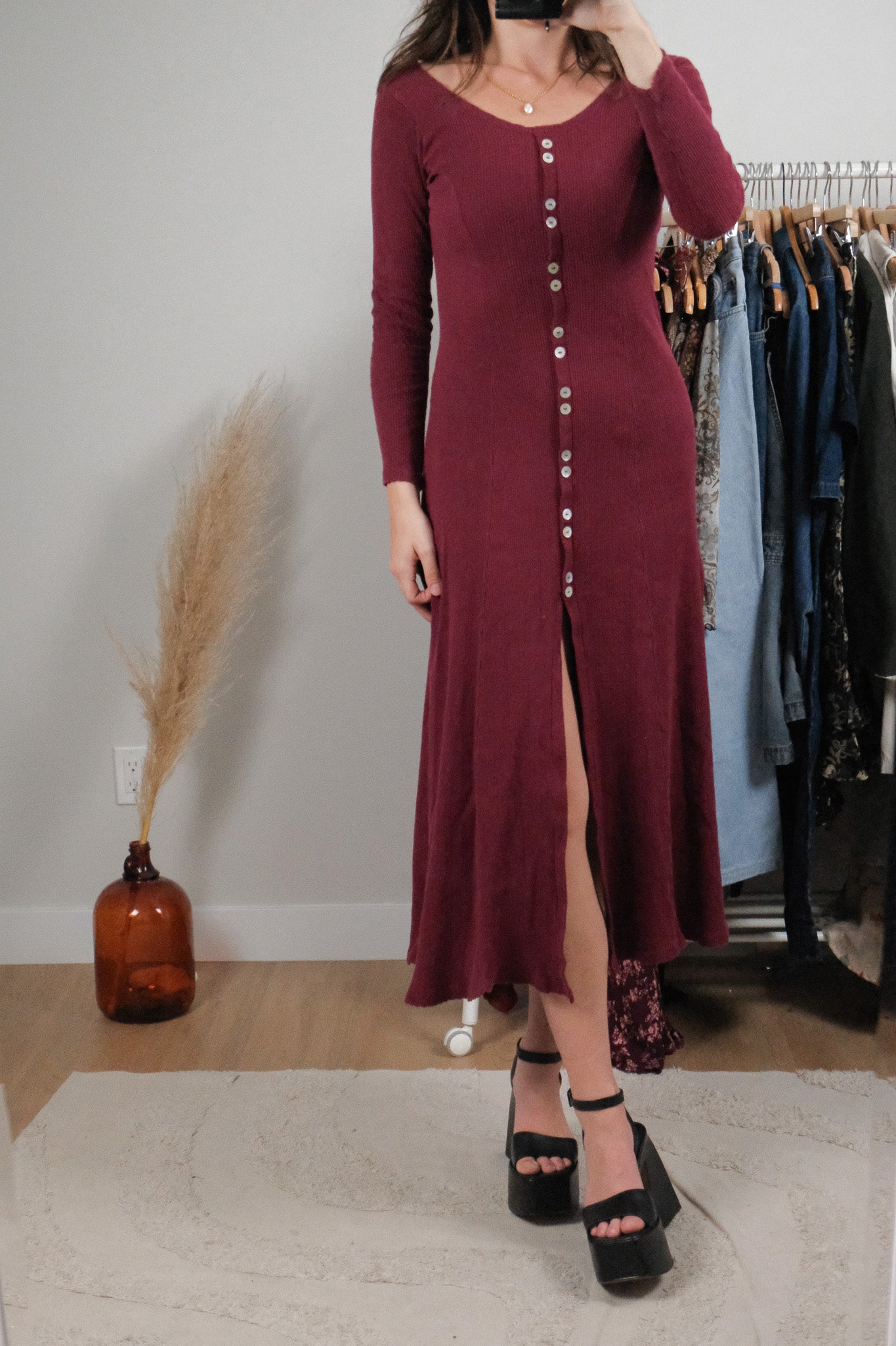 Made in USA x Vintage x Cotton Long-Sleeve Maxi Dress (XS/S)