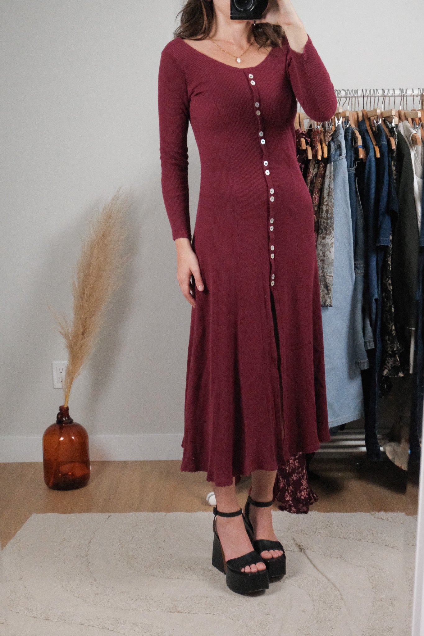 Made in USA x Vintage x Cotton Long-Sleeve Maxi Dress (XS/S)