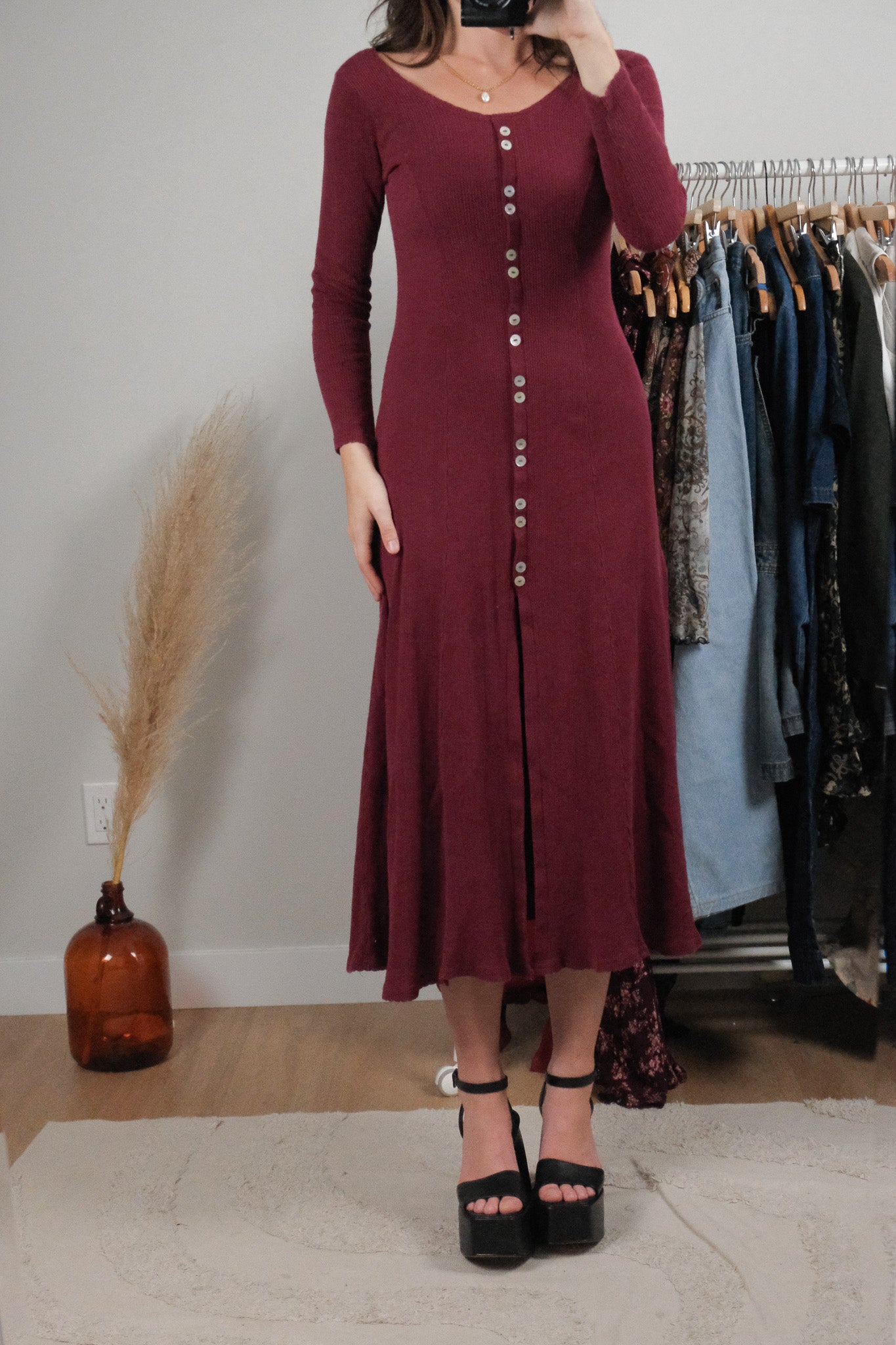 Made in USA x Vintage x Cotton Long-Sleeve Maxi Dress (XS/S)