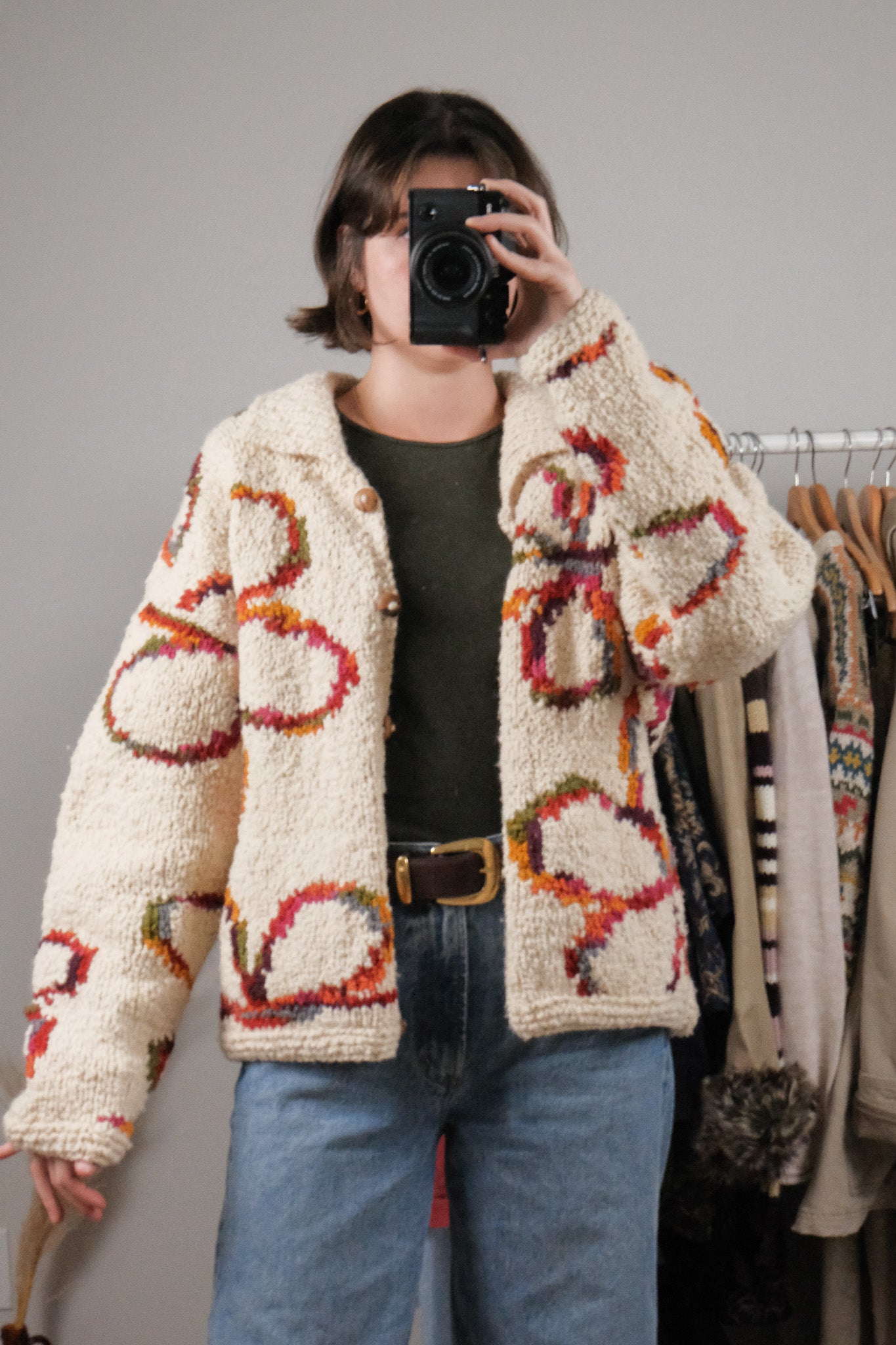 Vintage x Chunky Wool Flower Handknit Cardigan (S-XL)