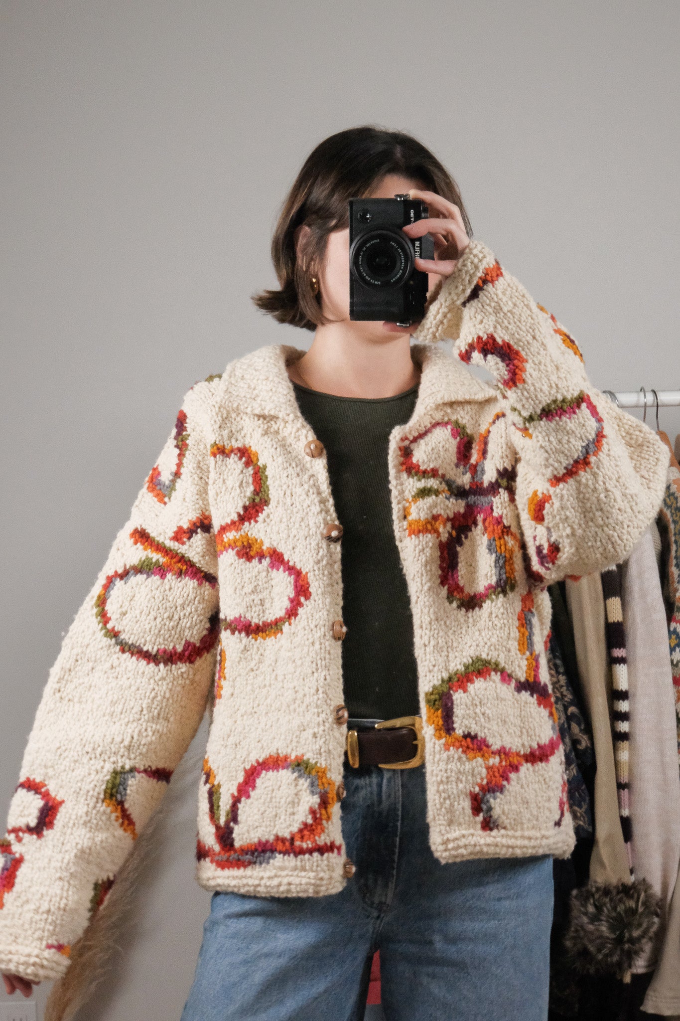 Vintage x Chunky Wool Flower Handknit Cardigan (S-XL)