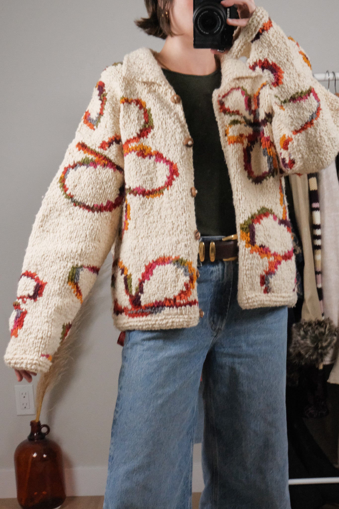 Vintage x Chunky Wool Flower Handknit Cardigan (S-XL)