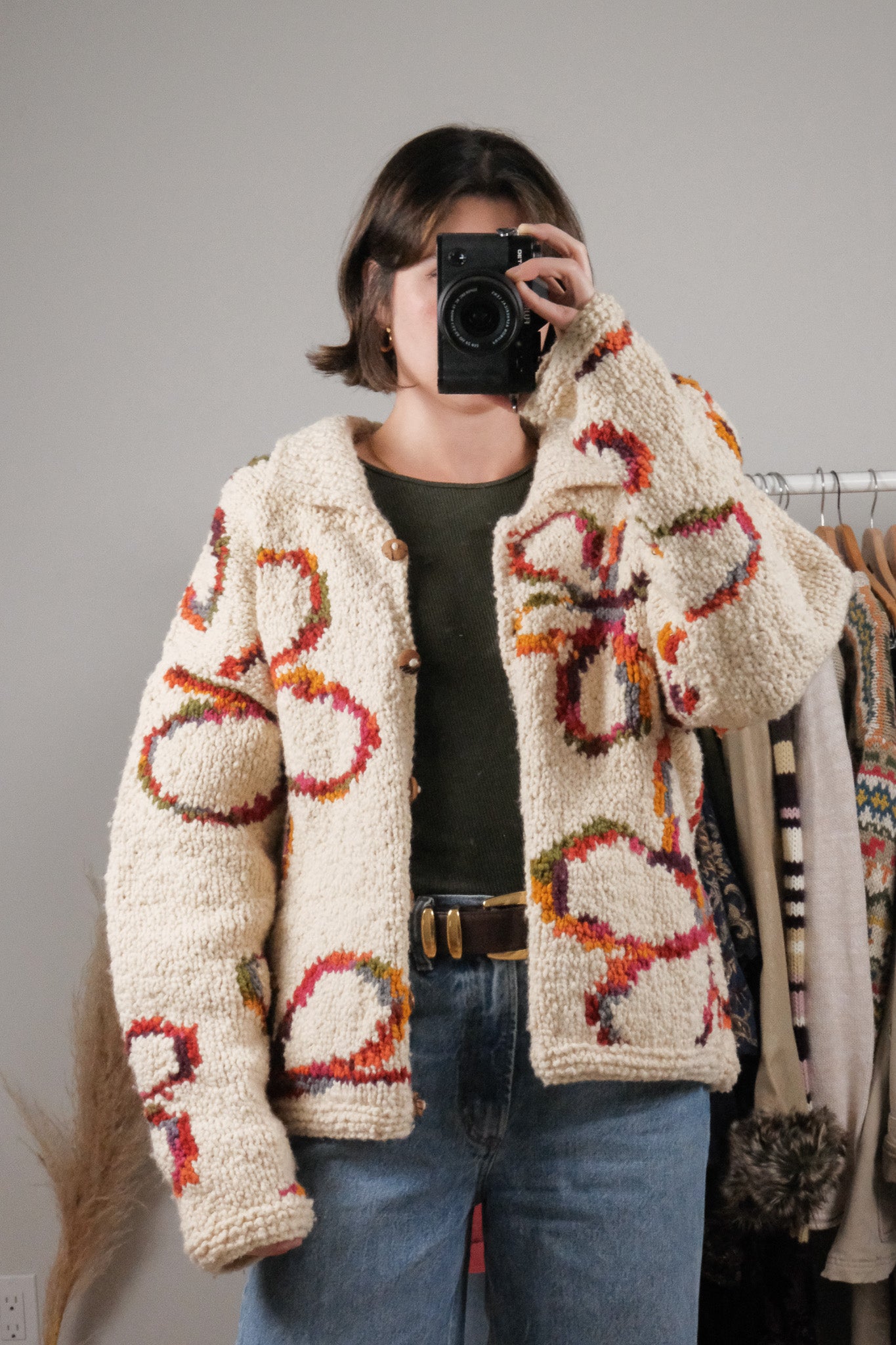 Vintage x Chunky Wool Flower Handknit Cardigan (S-XL)