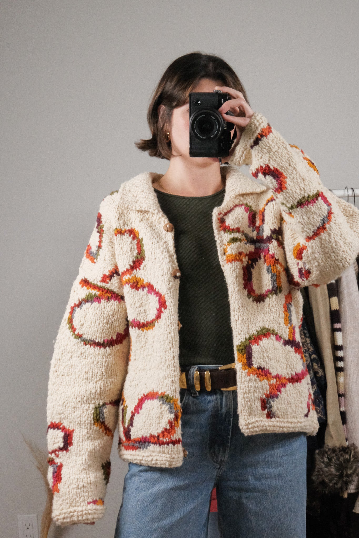Vintage x Chunky Wool Flower Handknit Cardigan (S-XL)
