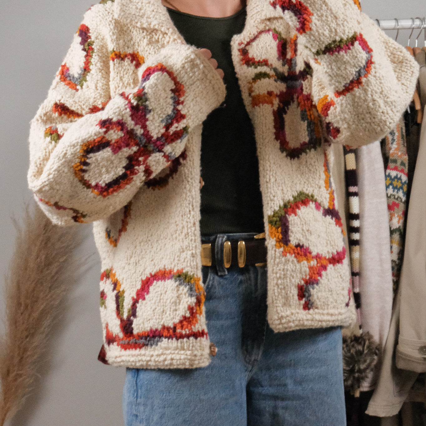 Vintage x Chunky Wool Flower Handknit Cardigan (S-XL)