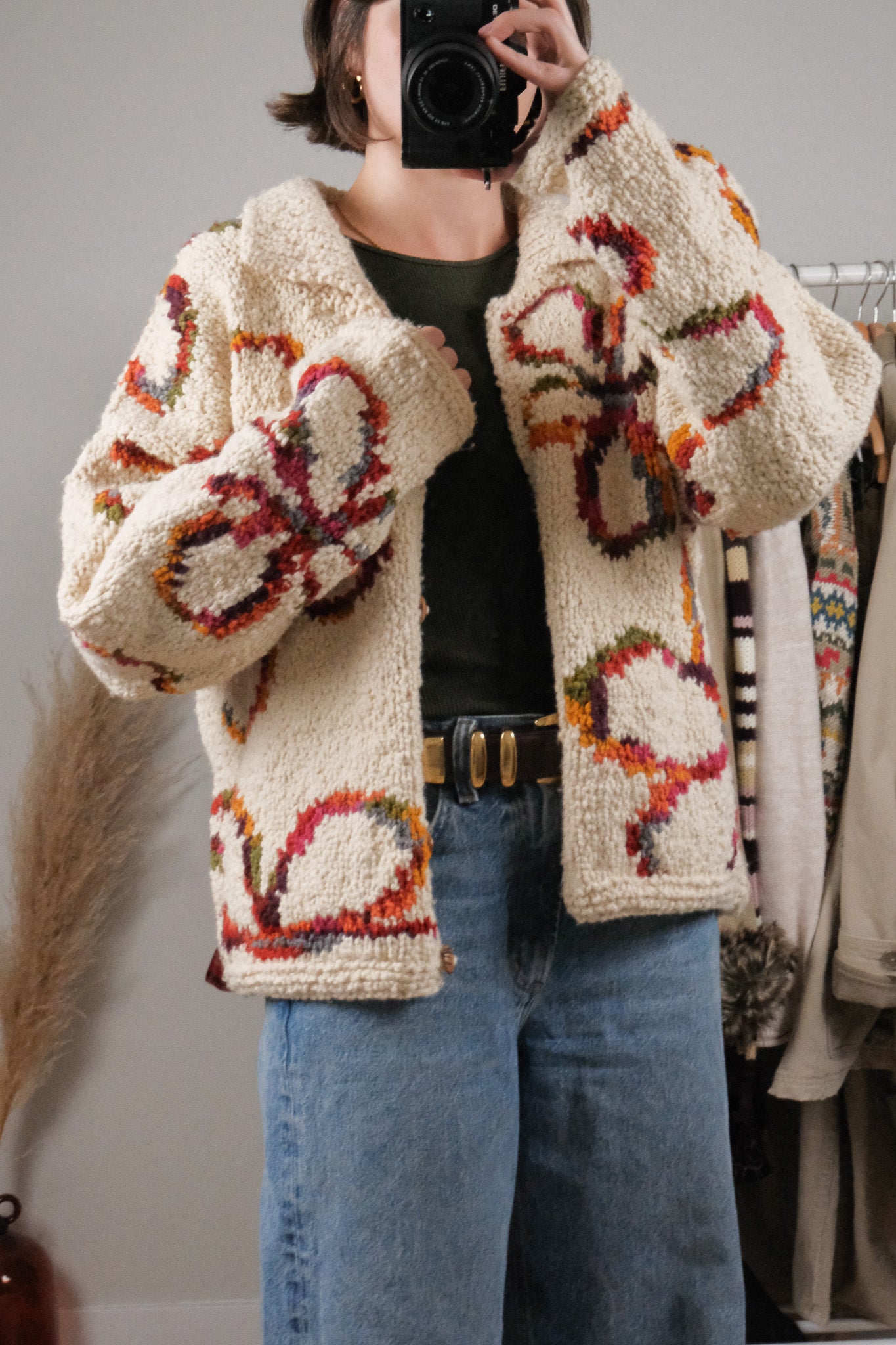 Vintage x Chunky Wool Flower Handknit Cardigan (S-XL)