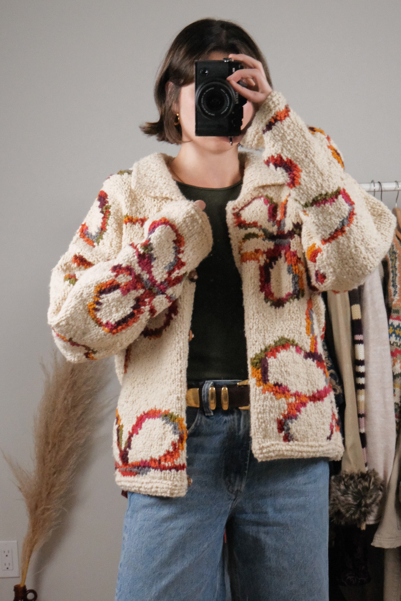 Vintage x Chunky Wool Flower Handknit Cardigan (S-XL)