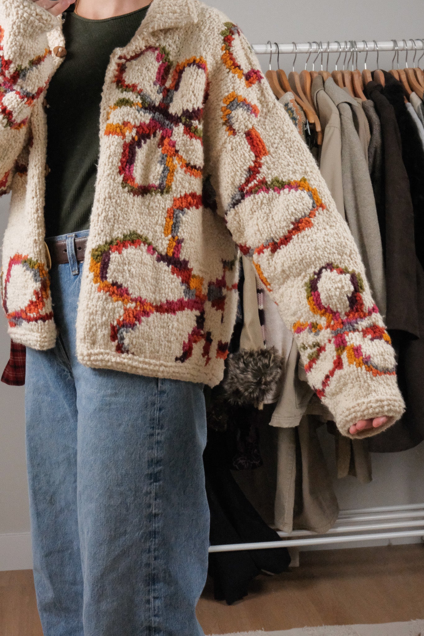 Vintage x Chunky Wool Flower Handknit Cardigan (S-XL)