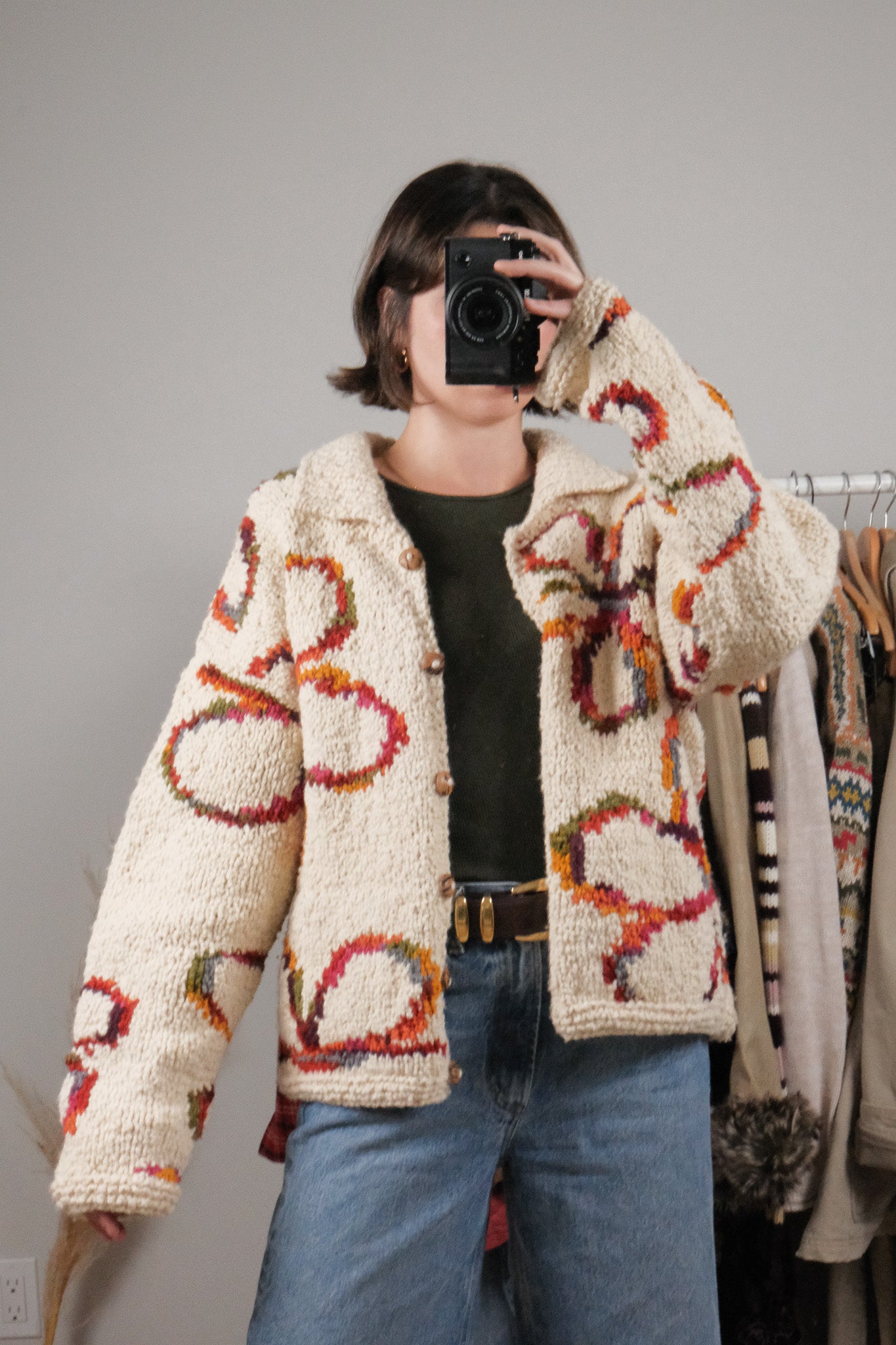 Vintage x Chunky Wool Flower Handknit Cardigan (S-XL)