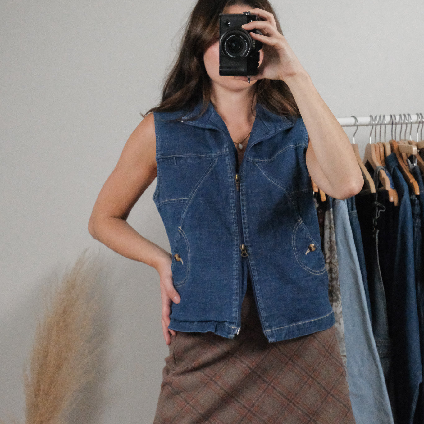 Vintage x Double Zipper Denim Vest (M)
