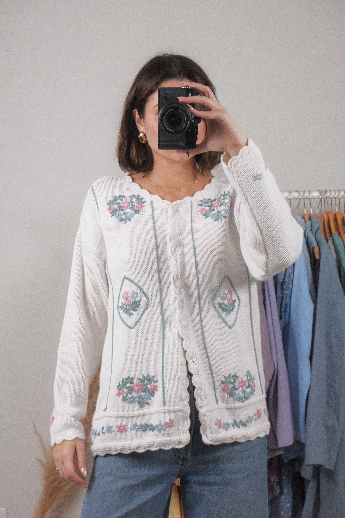 Vintage x Knit by Hand Cotton Floral Embroidered Cardigan (L)